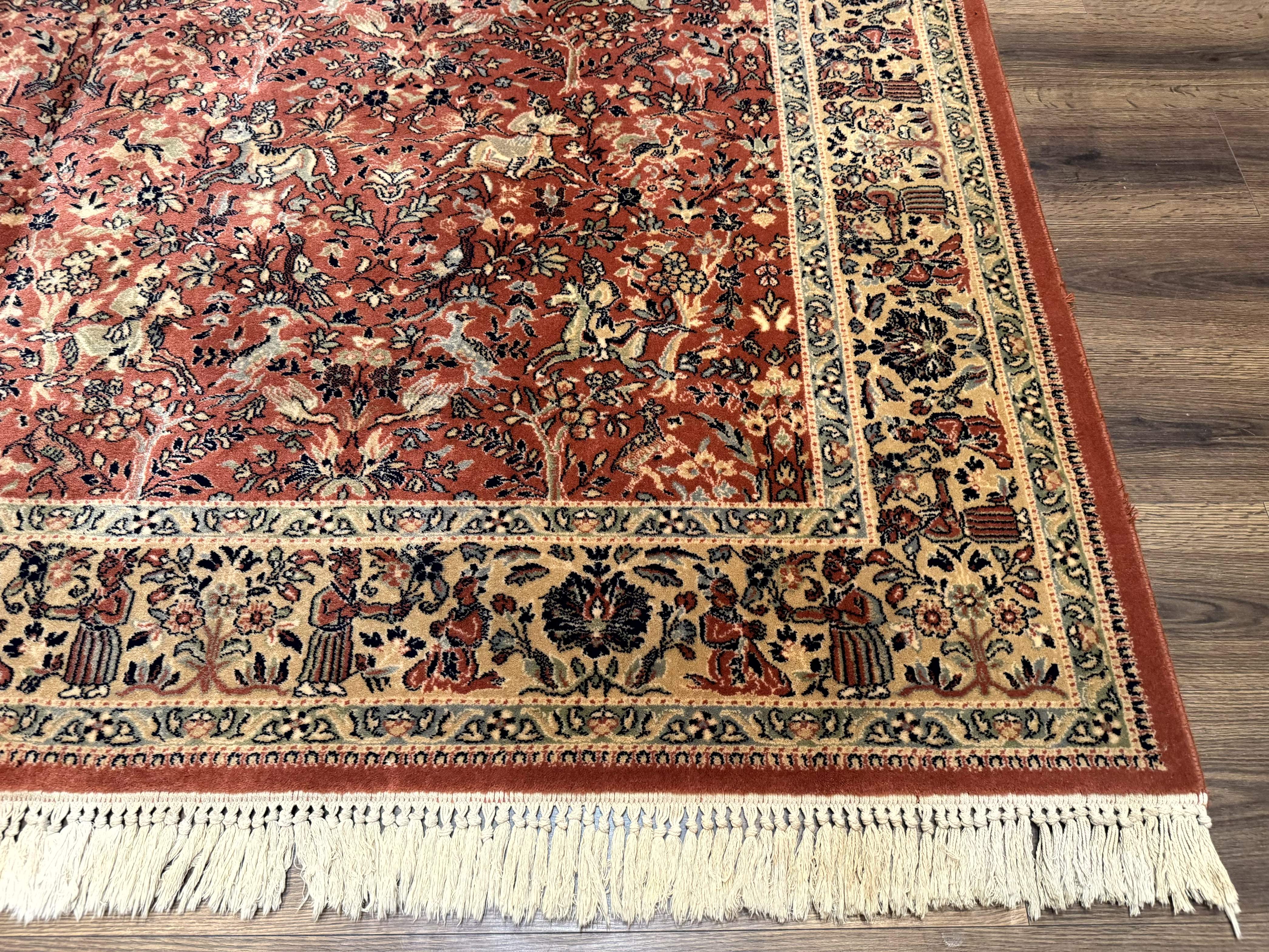 Persian Area Rug 8 x 11.6, Wool, Royal Hunting Scene, Vintage Couristan Rug, Red, Allover Pattern, Belgium Power Loomed - Jewel Rugs