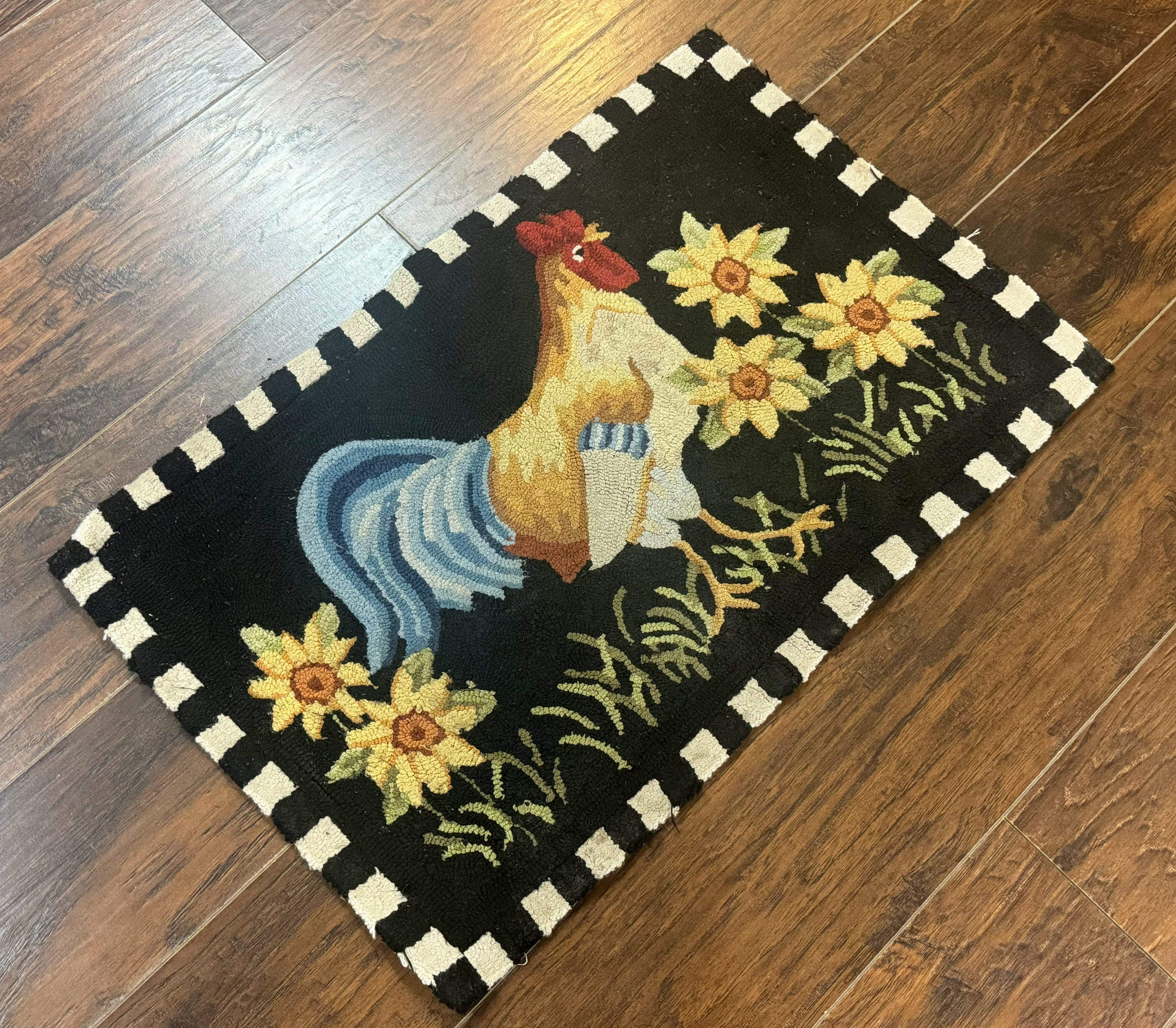 Vintage Hooked Rooster Rug 2x3, Black - Jewel Rugs