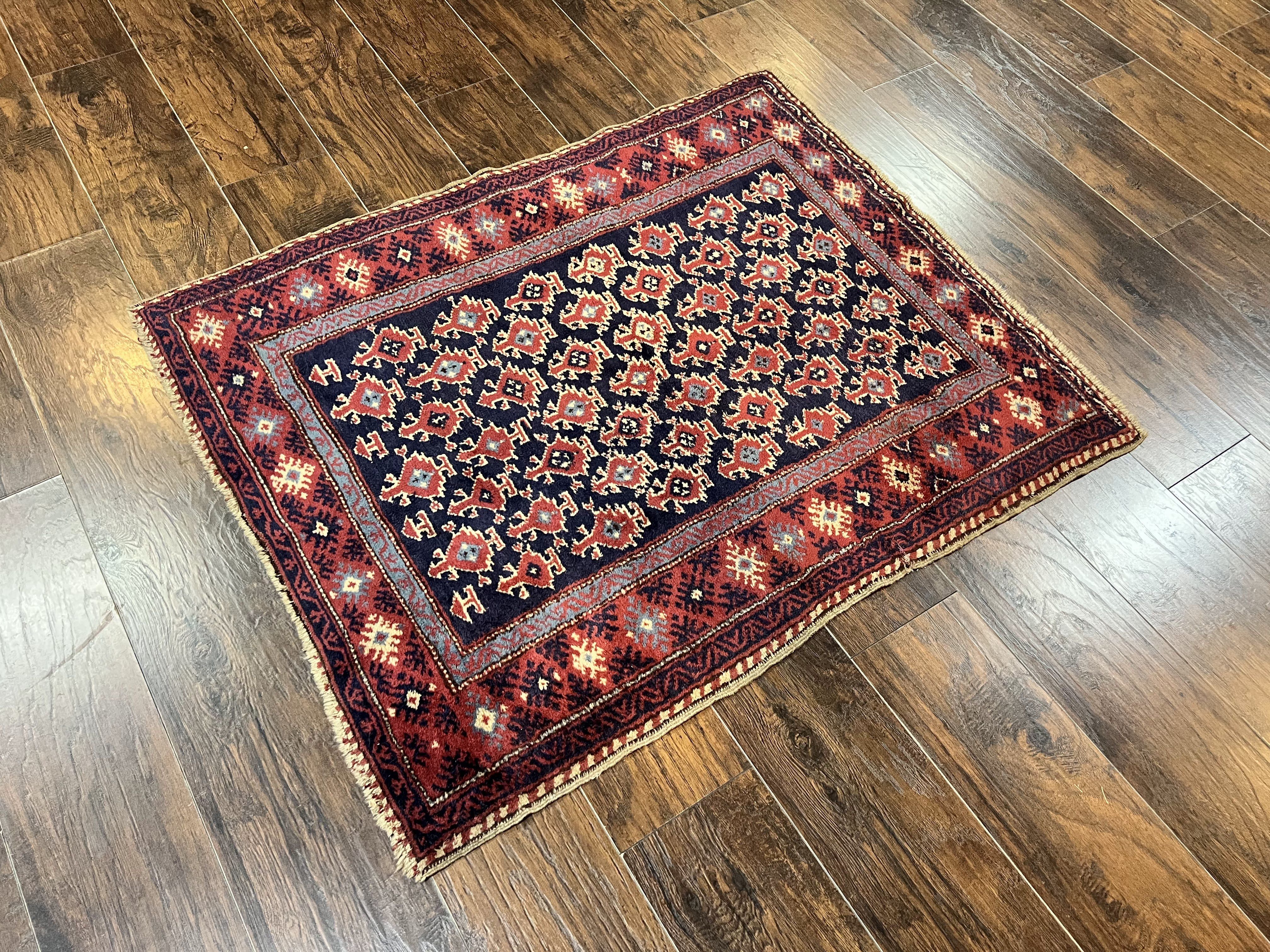 Turkish Sparta Rug 3x4, Allover Pattern, Navy Blue and Red, Antique Ispara Oriental Carpet 3 x 4, Small Turkish Handmade Vintage Wool Rug - Jewel Rugs