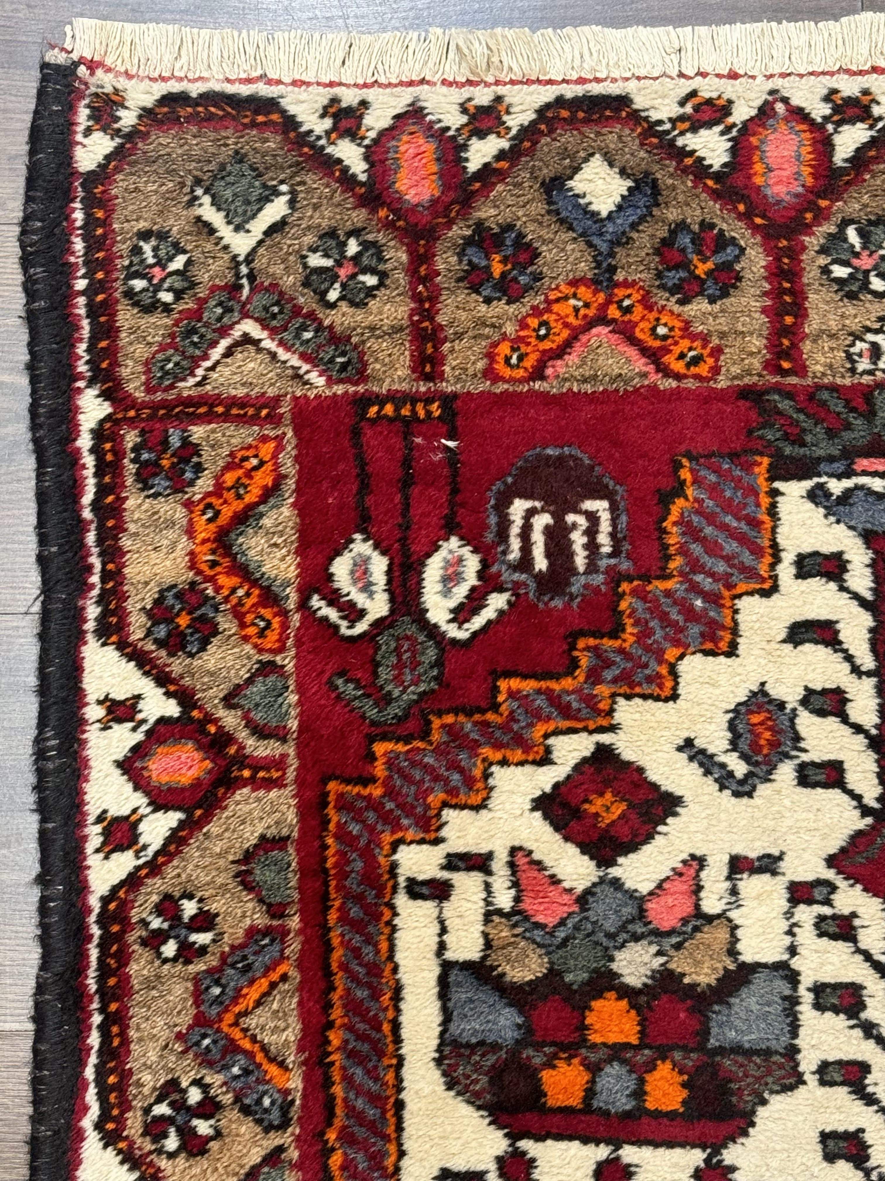 Small Persian Rug 3x4 – Ivory and Red Hand-Knotted Wool Vintage Malayer Hamadan Rug - Jewel Rugs