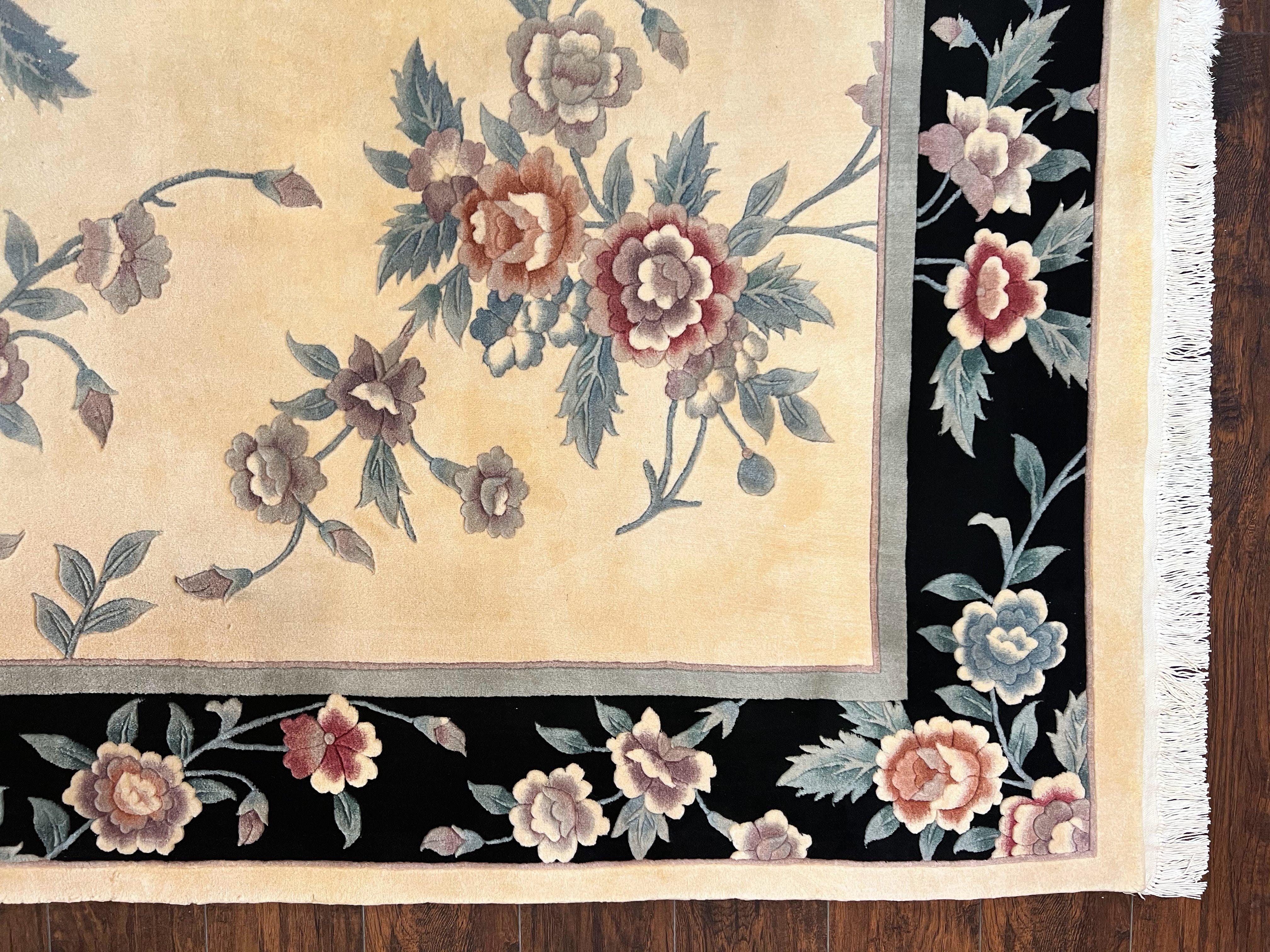 Chinese Wool Rug 8x10, Floral Design, Cream & Black, Art Deco 90 Line Rug 8 x 10, Soft, Handmade Vintage Oriental Carpet - Jewel Rugs