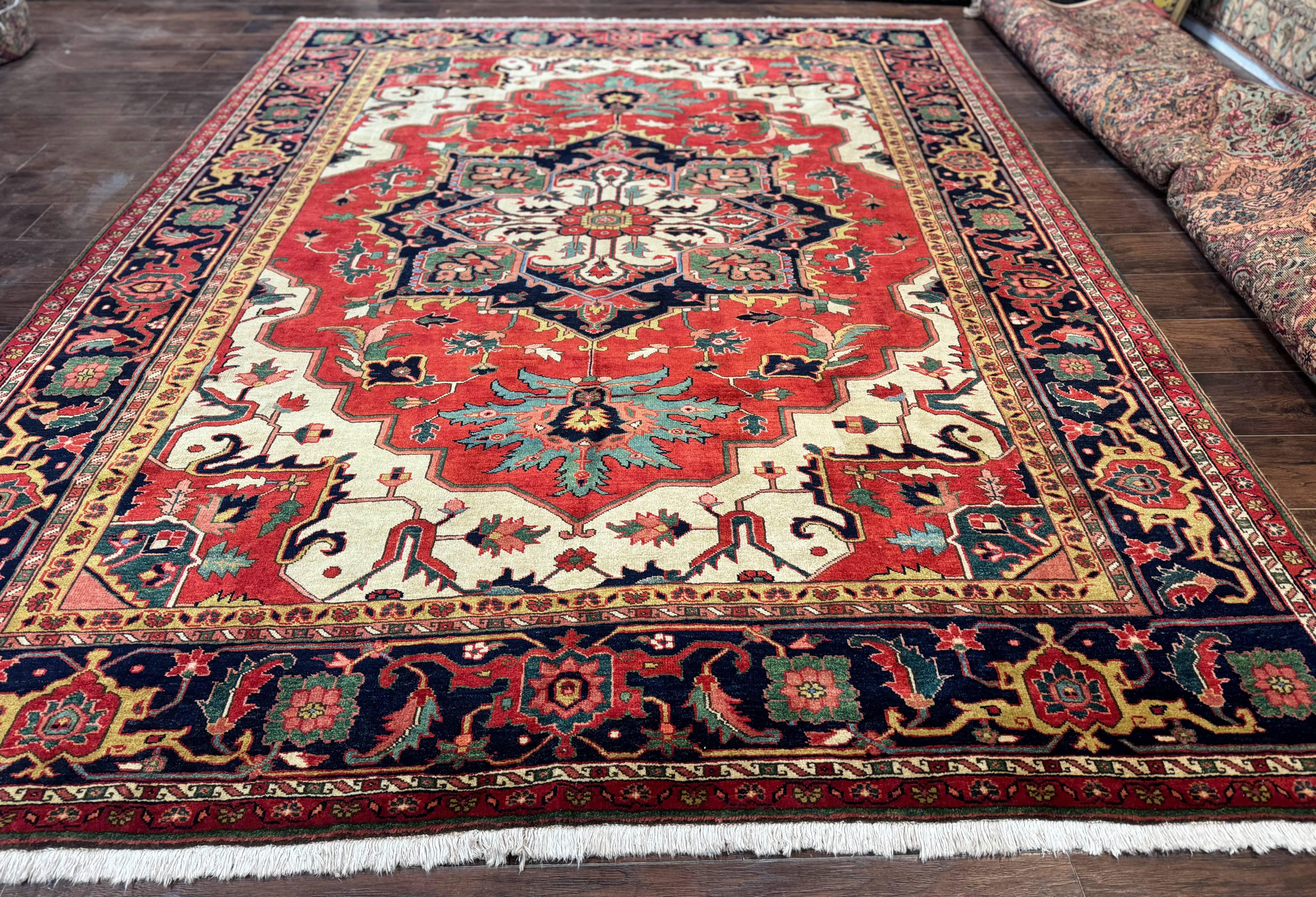 Persian Heriz Serapi Rug 8 x 10.6, Geometric Medallion, Great Colors, Rare, Red Navy Blue Ivory - Jewel Rugs