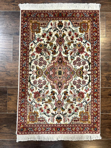 Small Persian Rug 2x3, Floral Medallion, Cream, Wool and Silk Highlights, Very Finely Hand Knotted 340 KPSI