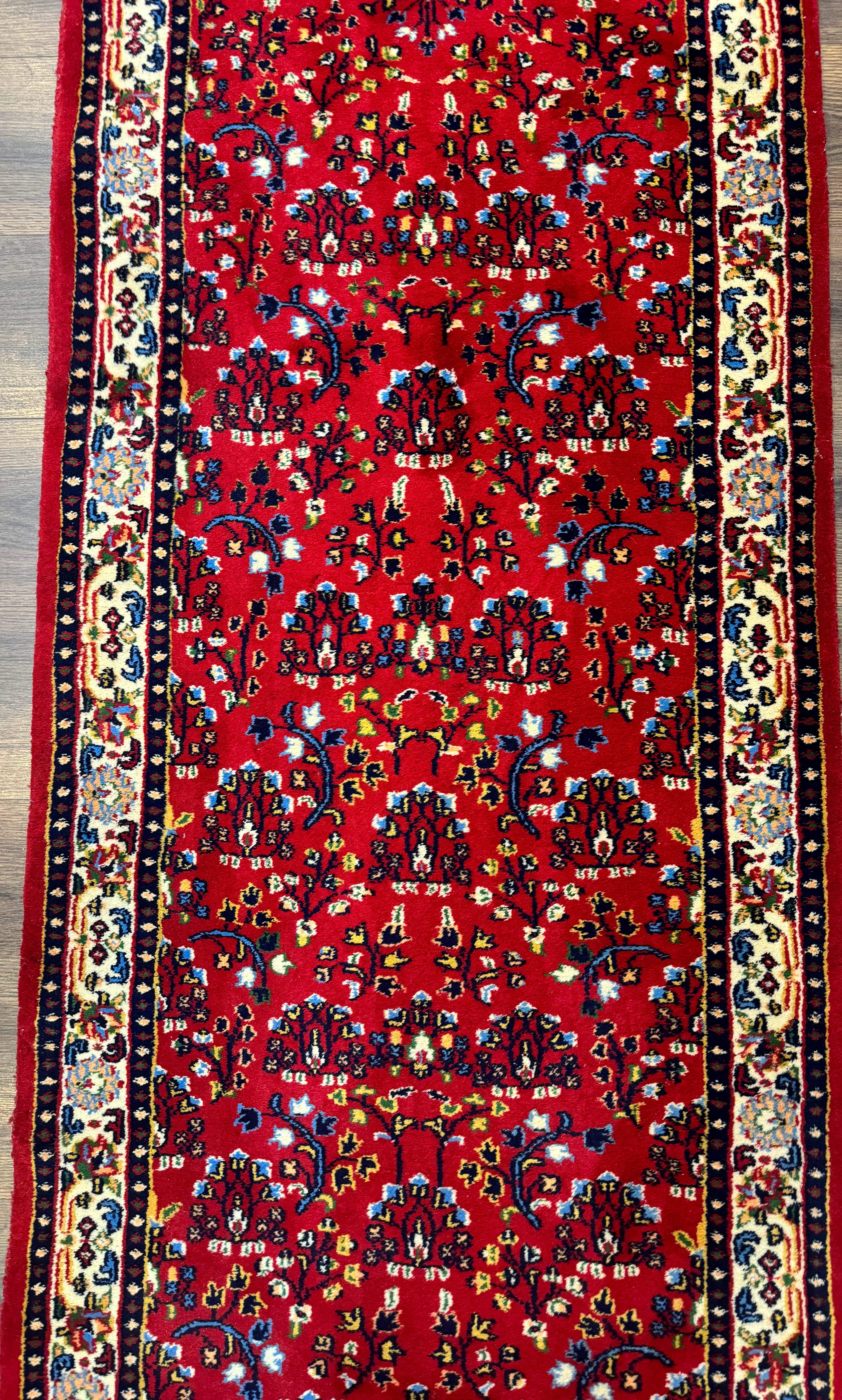 Indo Persian Sarouk Runner Rug 3 x 12, Red and Cream, Allover Pattern, 12ft Runner, Hand Knotted - Jewel Rugs