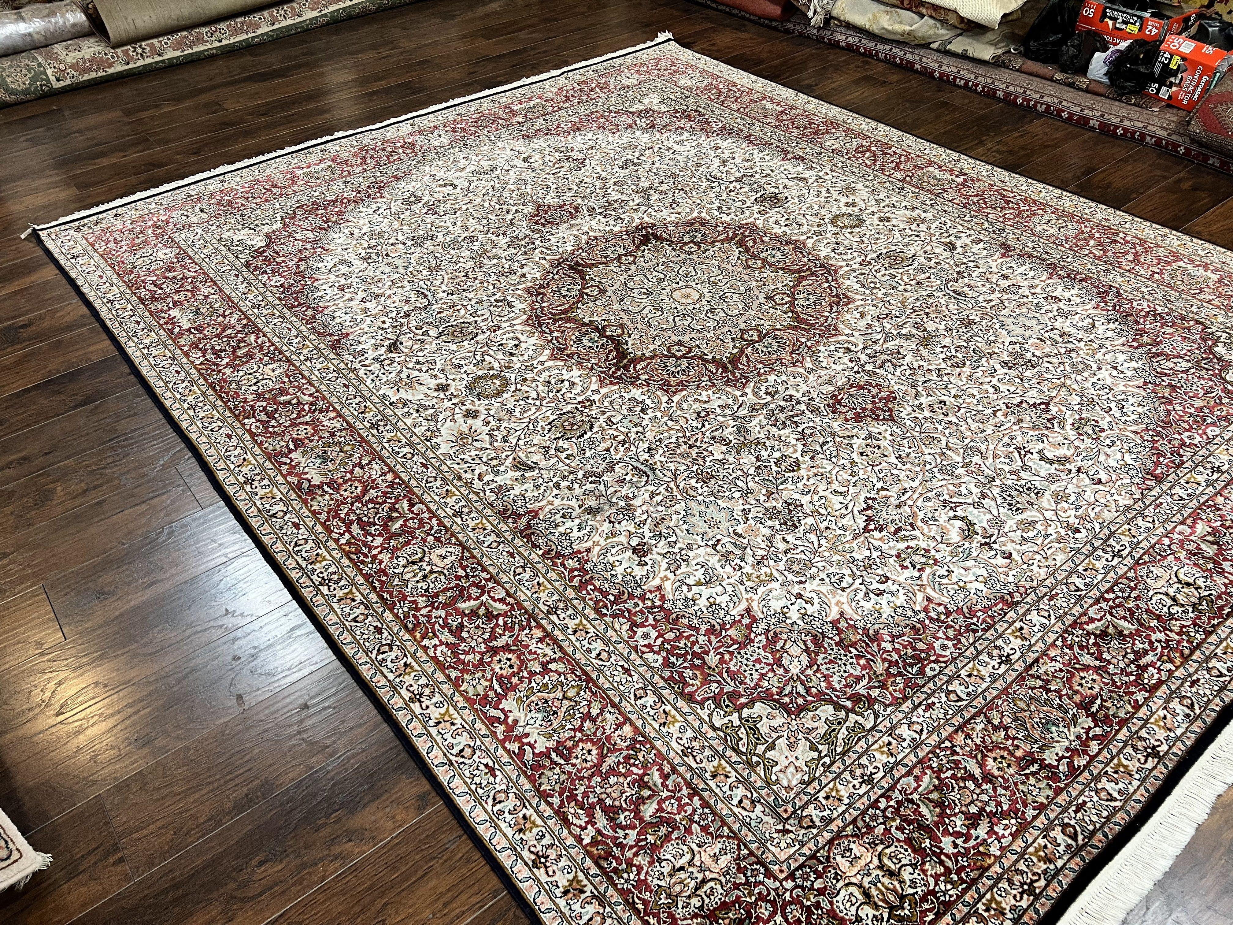 Silk Indian Kashmiri Rug 9 x 11 ft, Room Sized Silk Vintage Indo Persian Handmade Hand Knotted Fine Oriental Carpet, Ivory and Maroon - Jewel Rugs