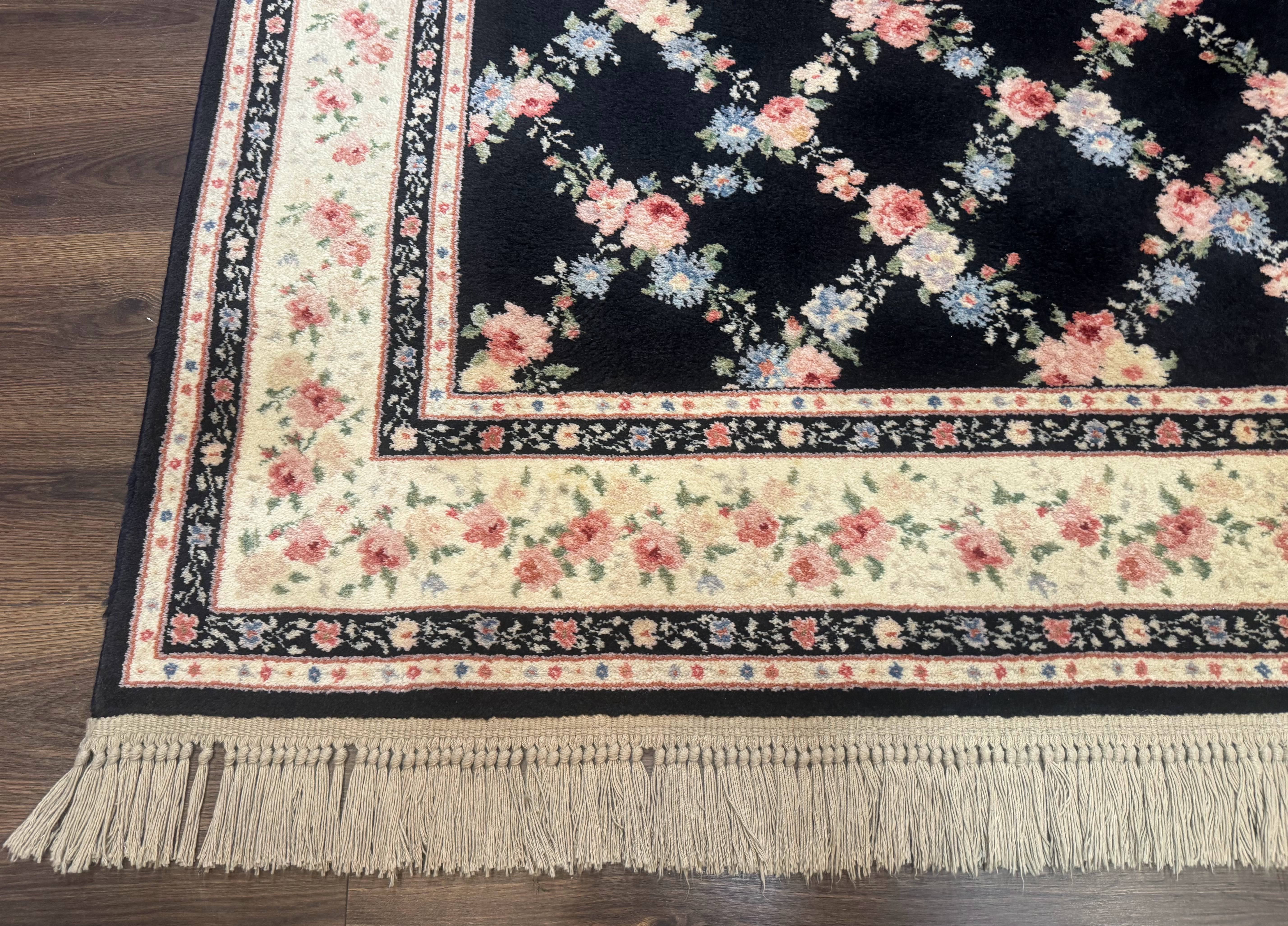 8.8 x 12 Karastan Garden of Eden Rug, Ebony Trellis #509/1270, Black, Floral, Wool Pile, Vintage, Discontinued - Jewel Rugs