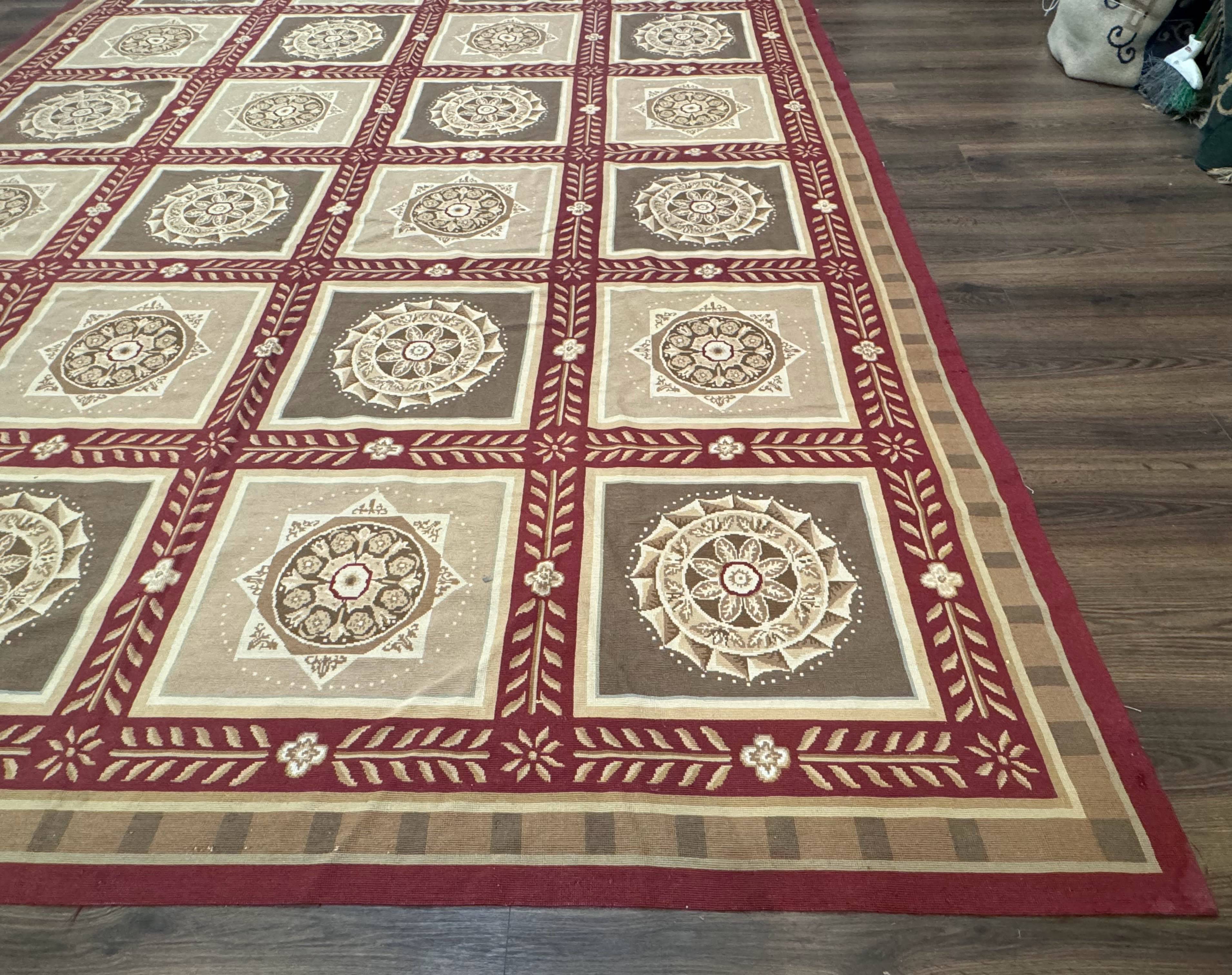 Needlepoint Rug 9x12, Panel Design, Burgundy Taupe, Elegant - Jewel Rugs