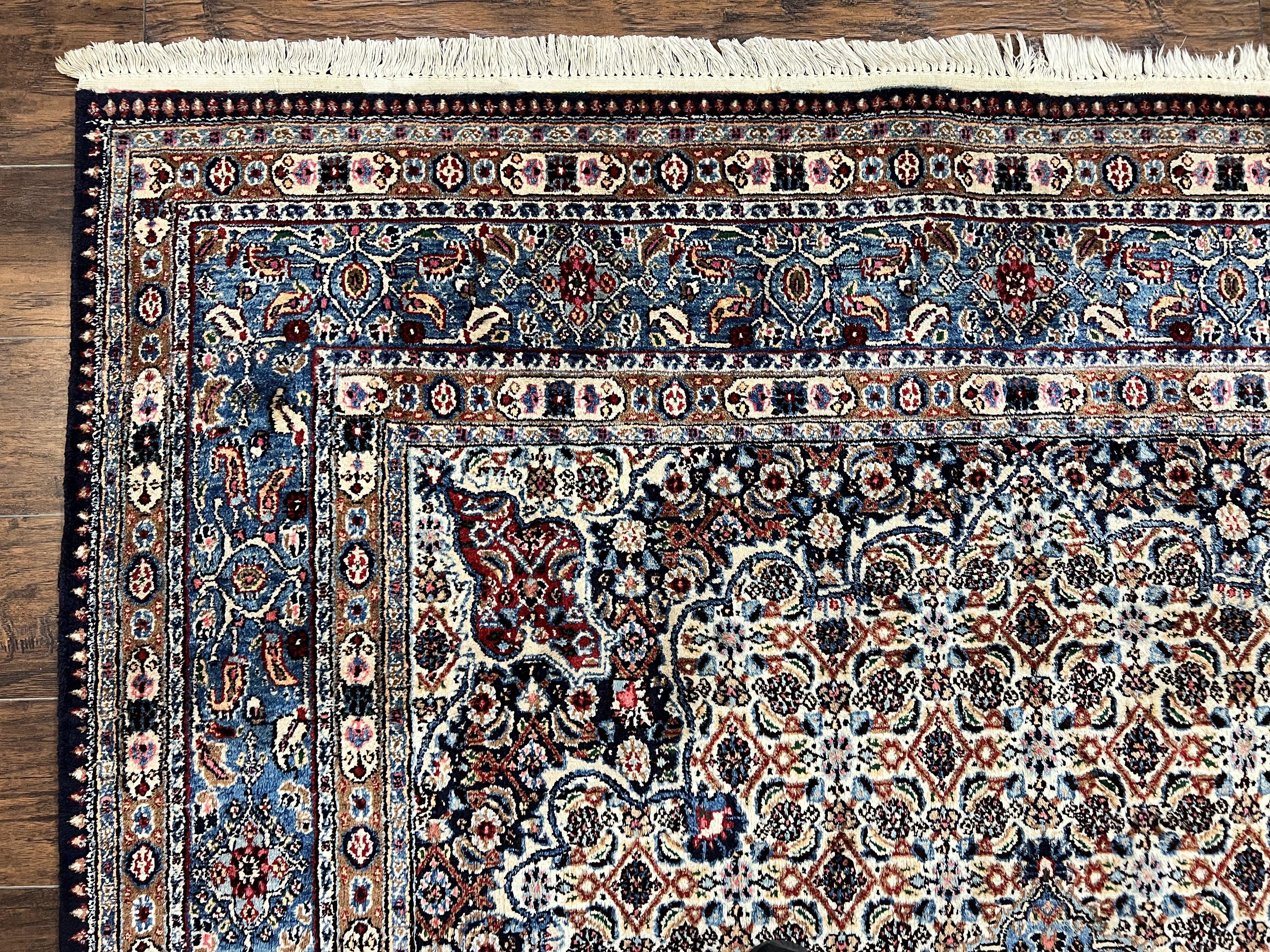 Persian Mashad Rug 7x10, Floral Medallion, Wool Hand Knotted Vintage Oriental Carpet, Blue & Ivory, Traditional Room Sized Rug - Jewel Rugs