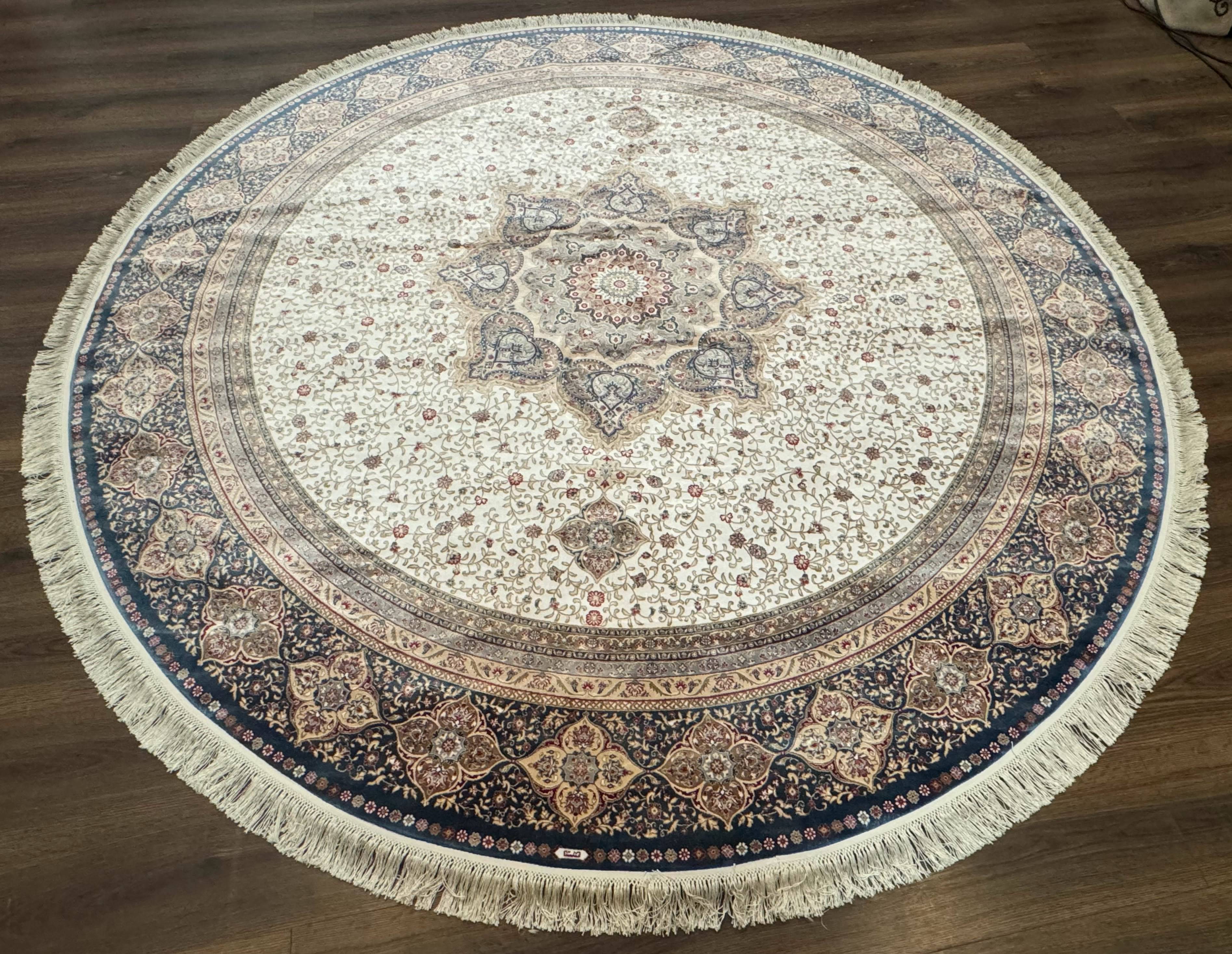 Large Turkish Round Silk Rug 8x8 ft, Floral Medallion, Ivory & Navy Blue, Bamboo Silk, New - Jewel Rugs