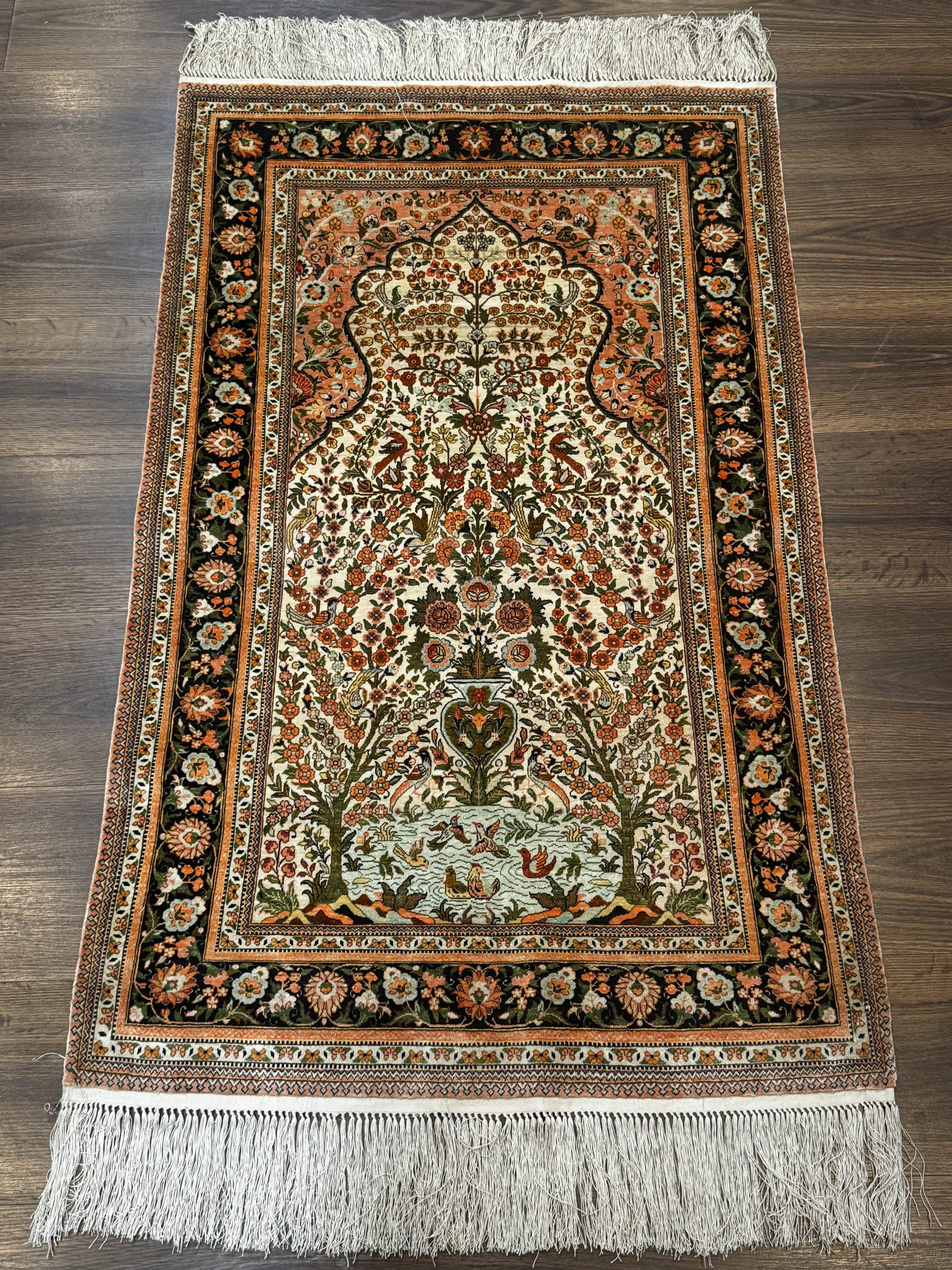Exceptional Silk Rug 2.6 x 4, Very Fine 630 KPSI, Persian Vase Tree of Life Bird Pictorials, Handmade - Jewel Rugs