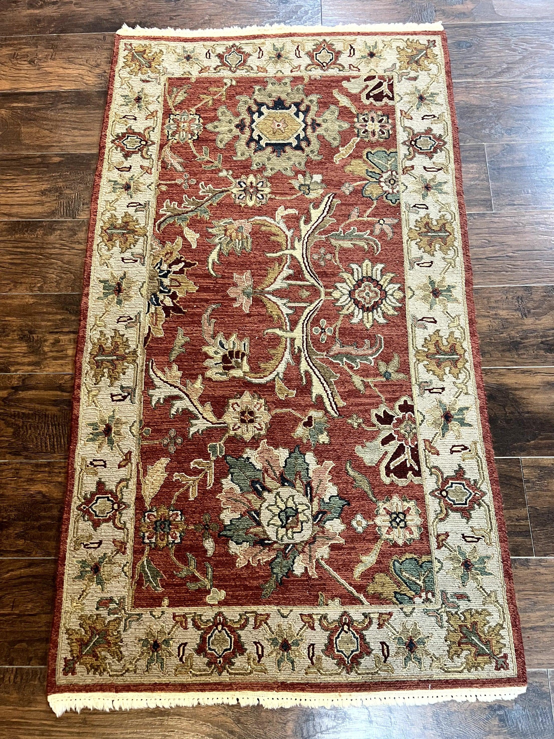 Turkish Flatweave Oushak Rug 3x5, Red and Tan, Floral, Handmade Vintage Wool Rug - Jewel Rugs