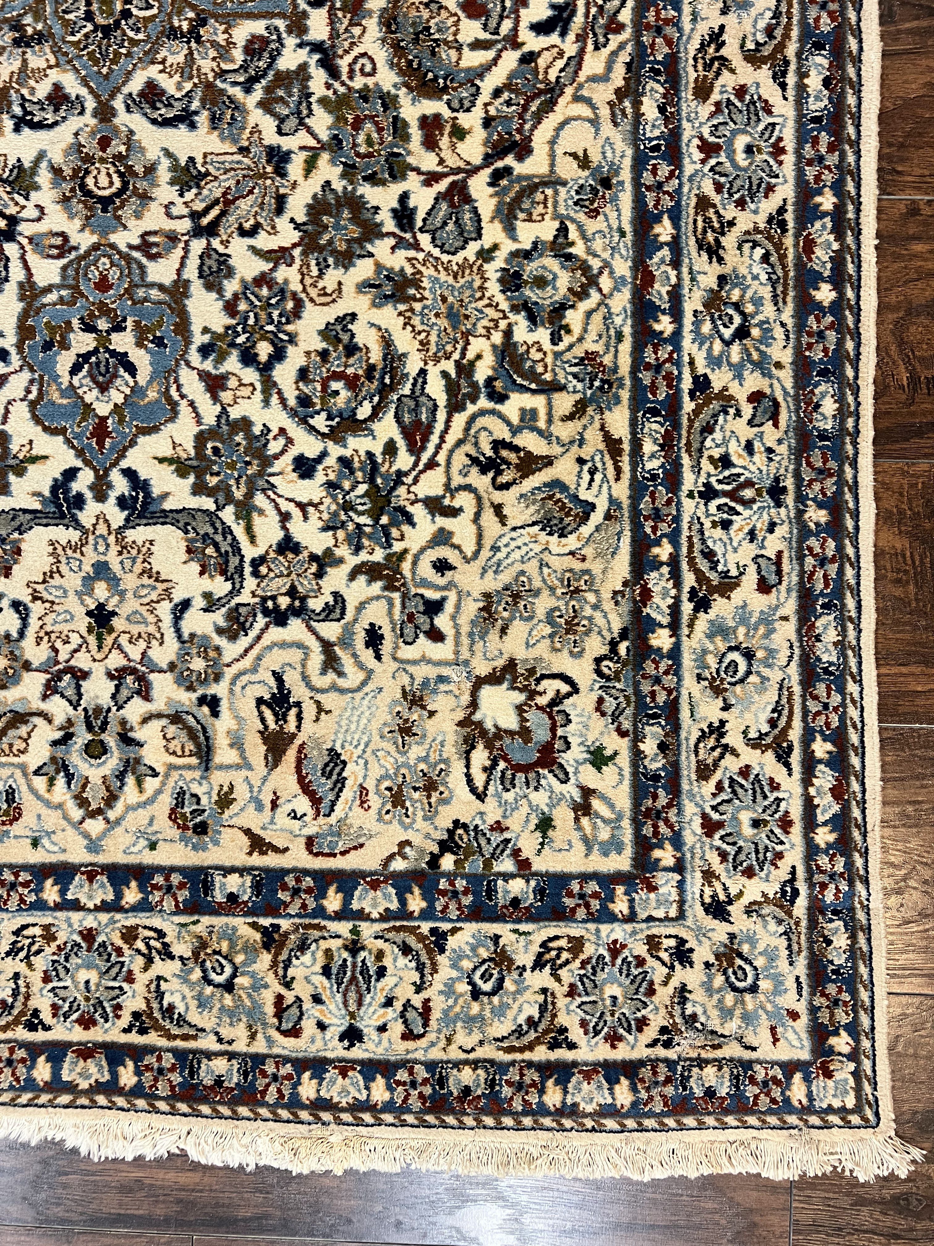 Persian Nain Rug 4x7, Floral Medallion Oriental Carpet 4 x 7 ft, Ivory Persian Rug, Handmade Hand Knotted Vintage, Wool & Silk Highlights, Birds - Jewel Rugs