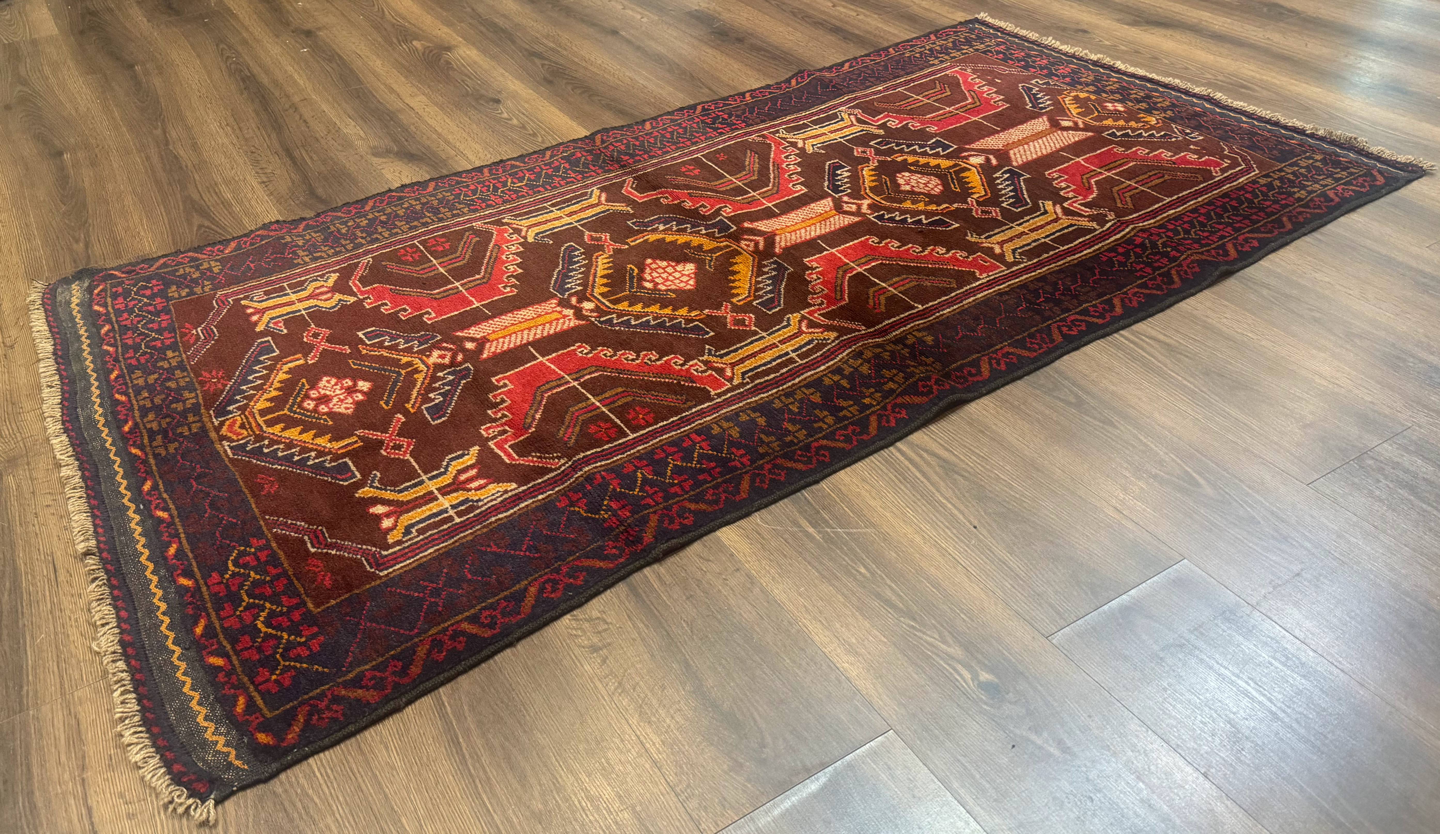 Afghan Rug 3x7, Maroon and Navy Blue, Balouch Carpet, Tribal Rug, New - Jewel Rugs