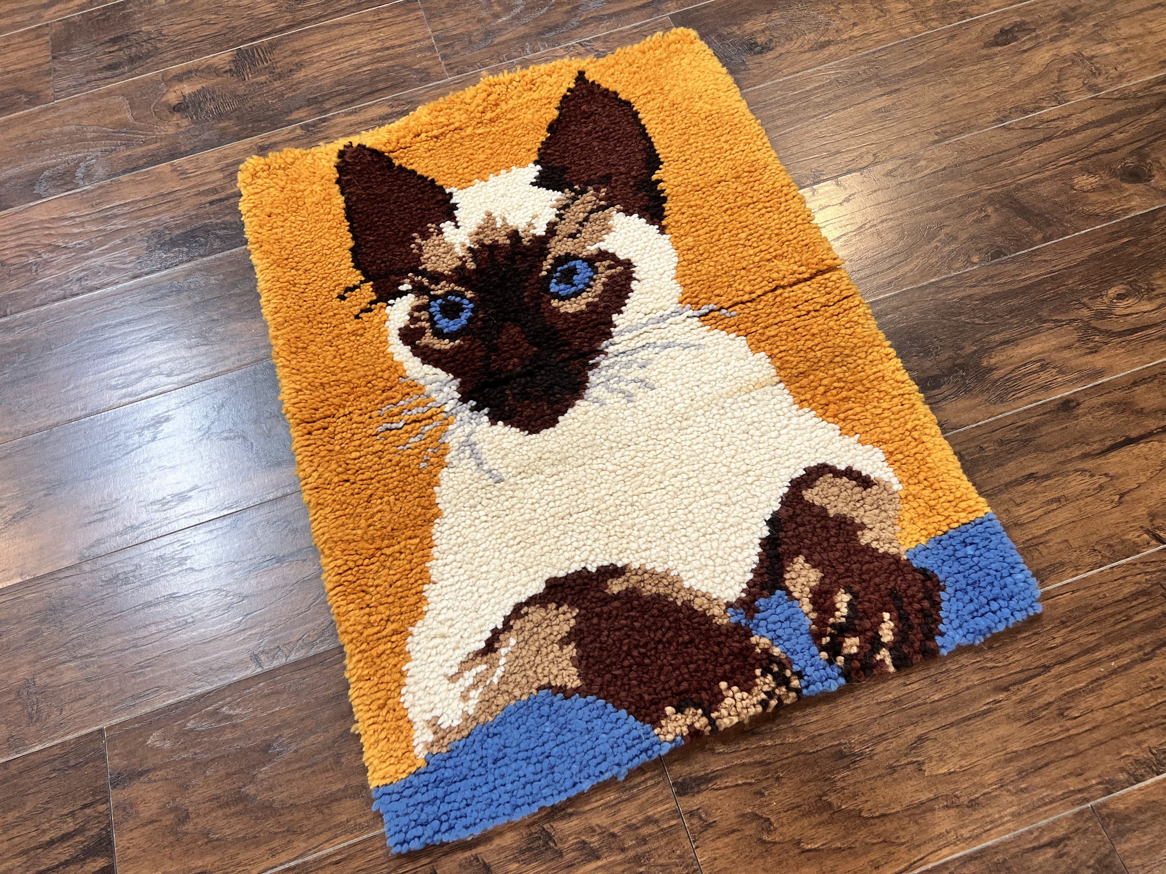 Small Shag Rug with Siamese Cat Pictorial, 2x3 ft Rug, Wool, Vintage, Danish Rya Shag Rug, Orange - Jewel Rugs