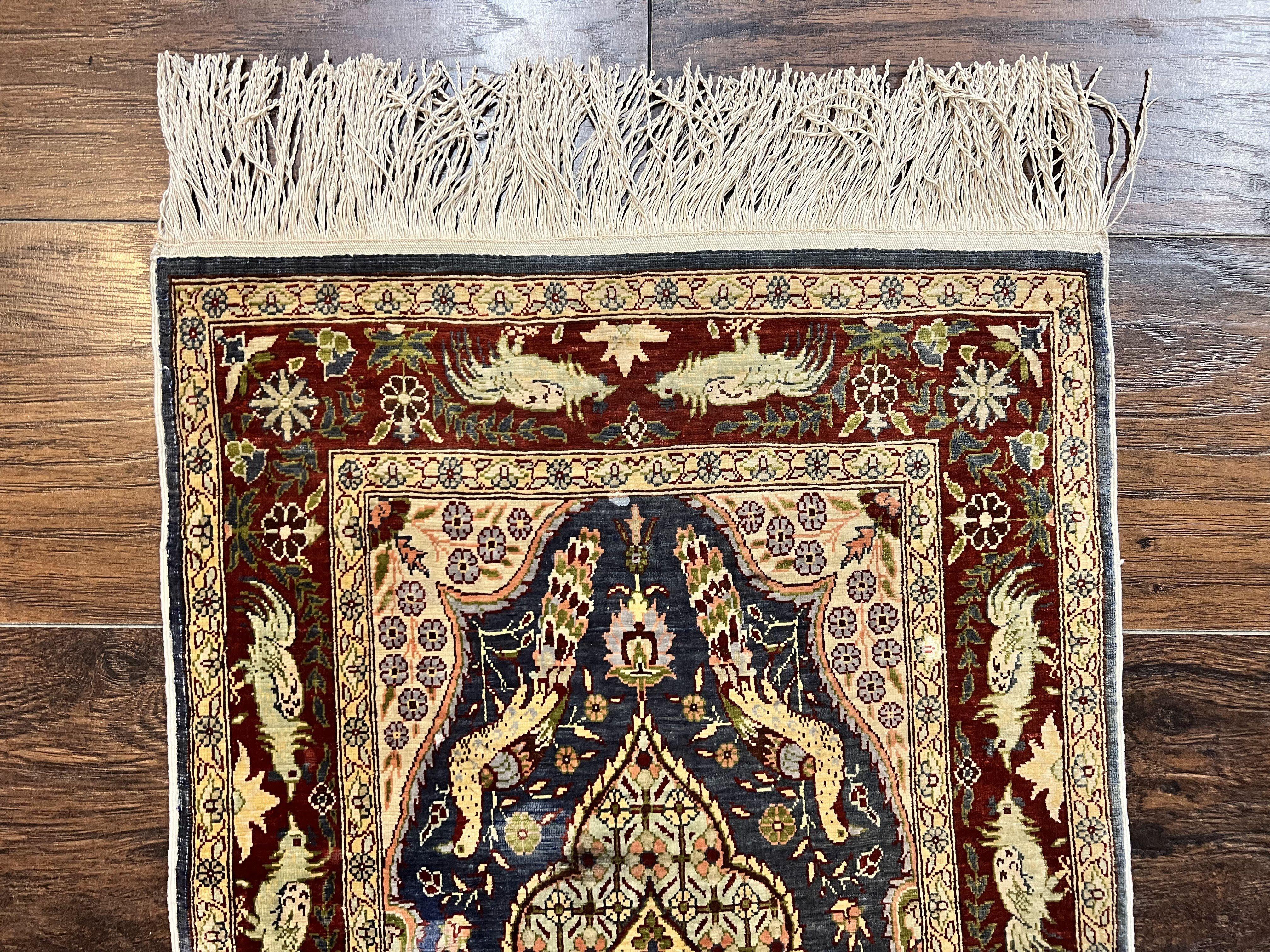 Silk Turkish Hereke Rug 2x3, Peacocks Birds, Signature from Master Weaver, Super Finely Hand Knotted 550 KPSI, Animal Pictorials - Jewel Rugs