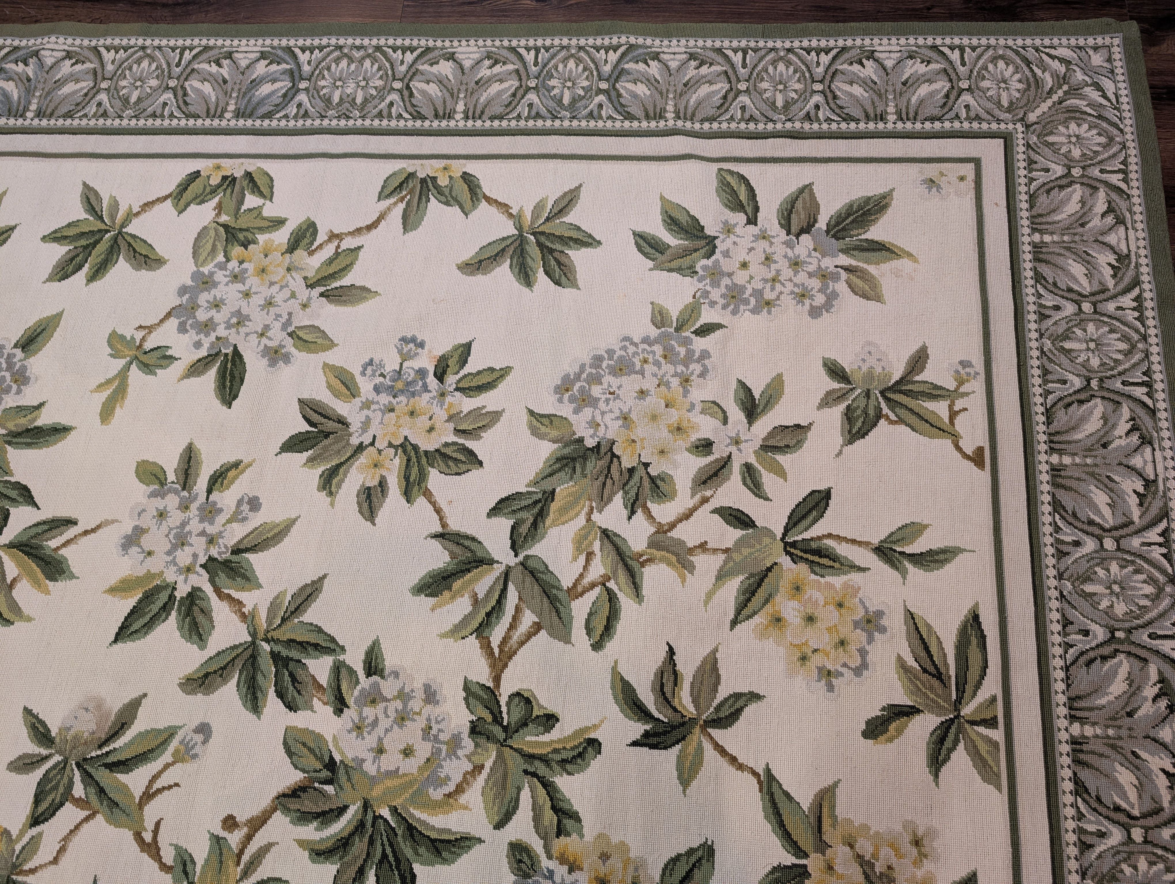 Needlepoint Rug 9x12, Floral, Ivory and Green, Wool - Jewel Rugs