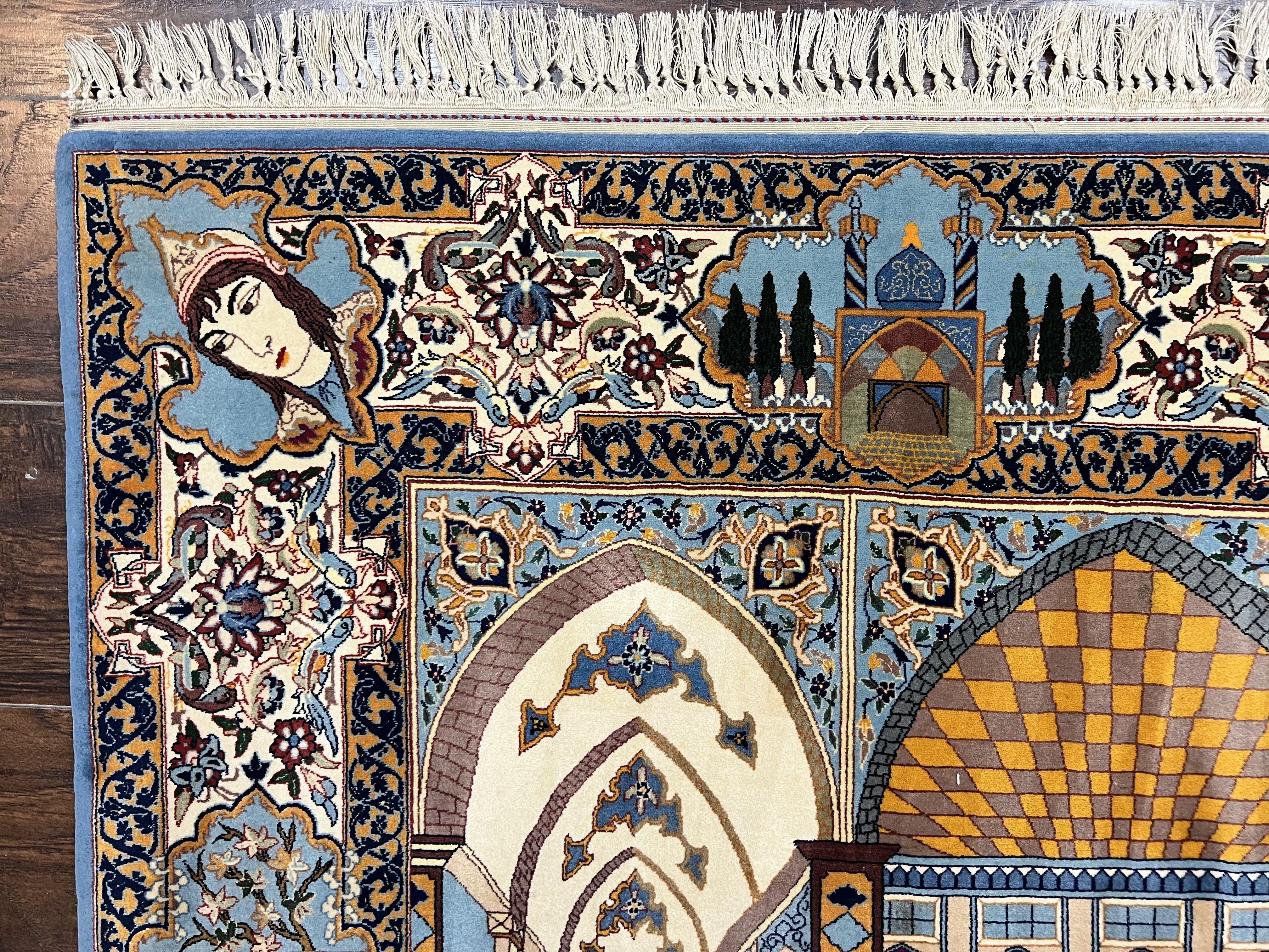 Persian Isfahan Pictoral Rug 3x6, Kork Wool on Silk Foundation, Handmade Vintage Carpet, 550 KPSI Super Fine, Lovers Palace Instruments - Jewel Rugs