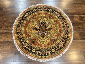 Round Indo Persian Rug 4x4, Wool Hand Knotted Vintage Carpet, Red Gold, Persian Heriz Geometric Design Rug, Small 4 ft Round Oriental Rug
