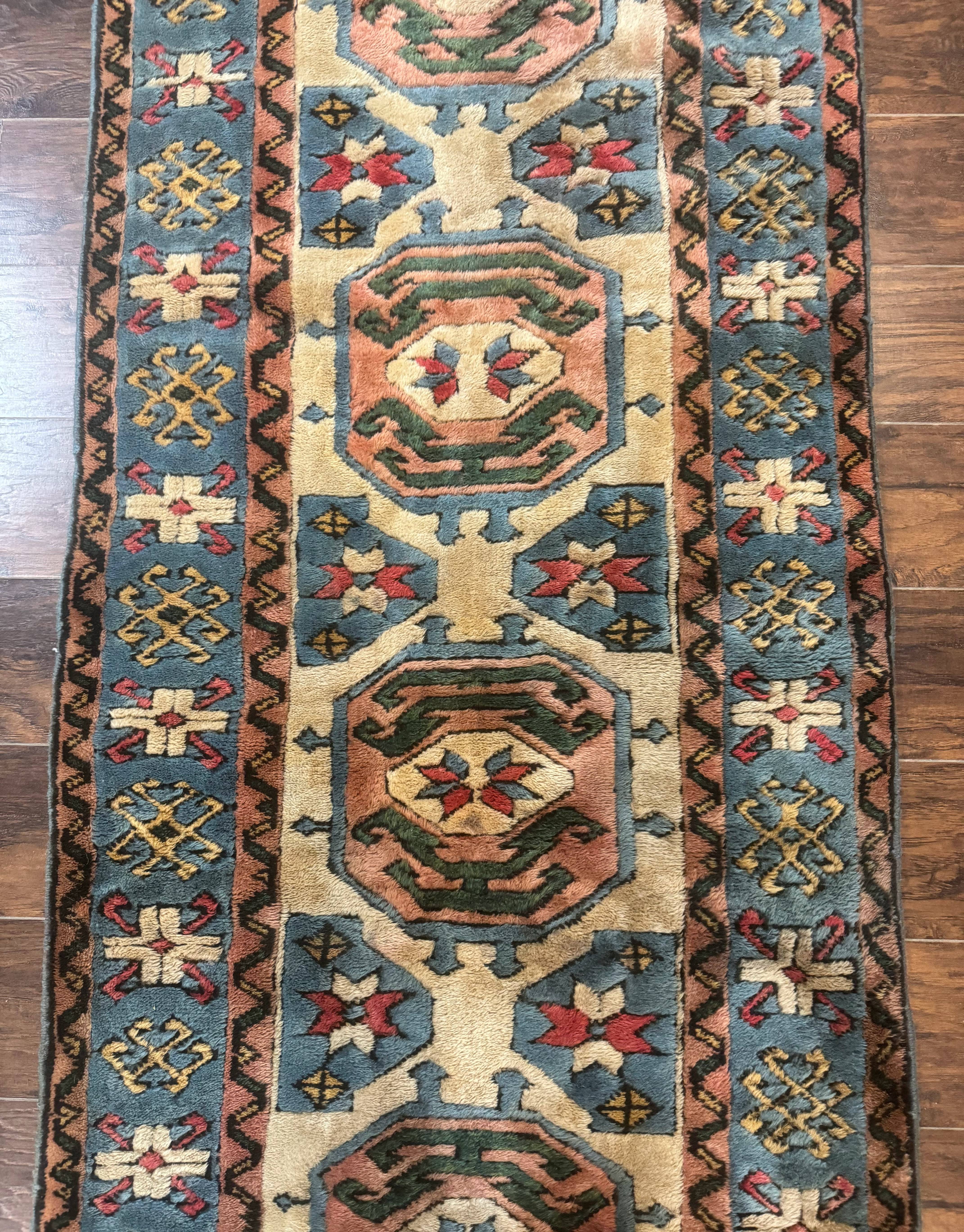 Turkish Kazak Runner Rug 3x11, Cream and Light Blue, Vintage - Jewel Rugs