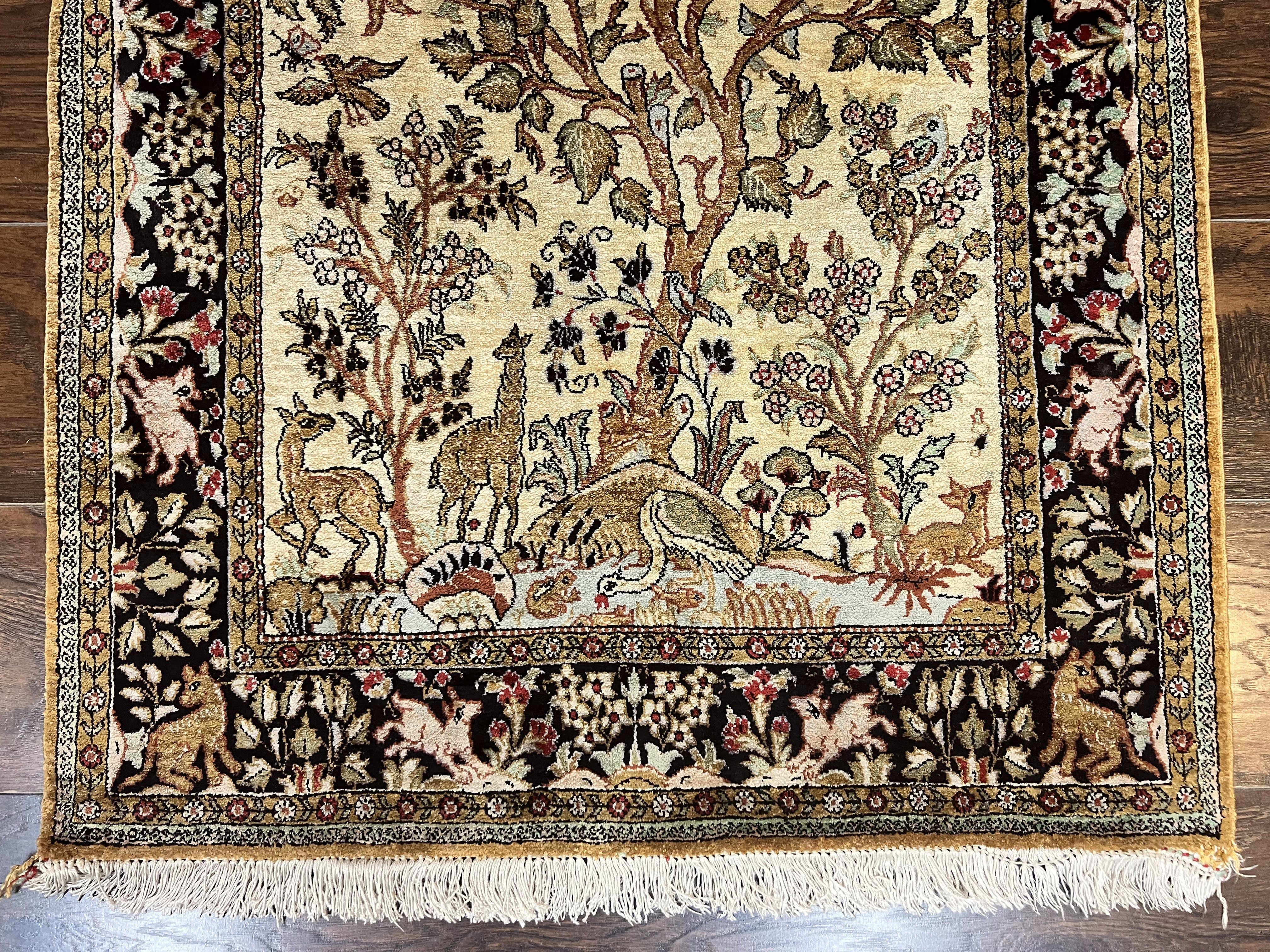 Silk Tree of Life Persian Qum Rug 3x4, Hand Knotted Vintage Carpet, Cream & Black, Very Fine Oriental Rug, Animal Pictorials, Birds - Jewel Rugs