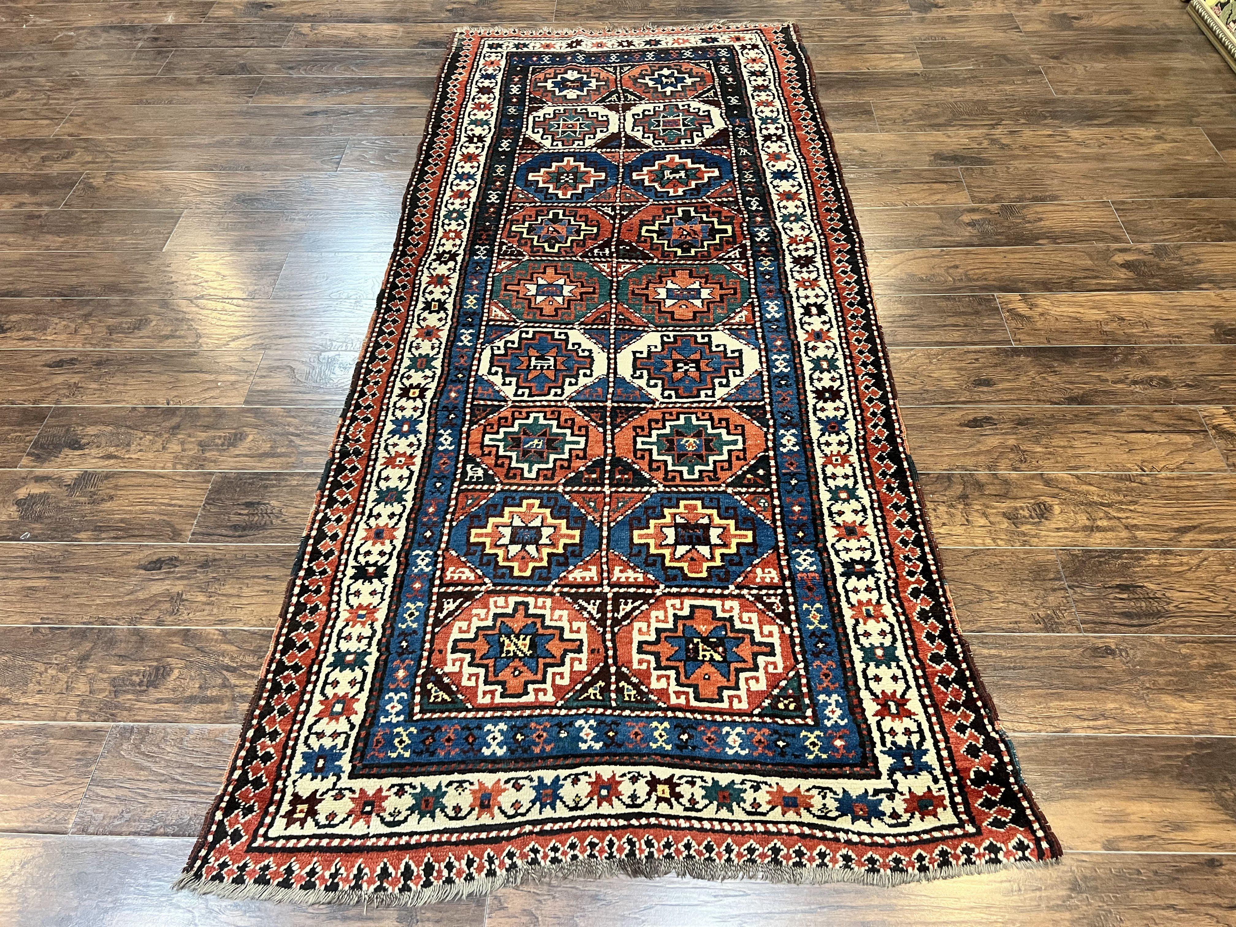 Antique Caucasian Kazak Runner Rug 4 x 9.5, Handmade Wool Rug for Hallway, Rare Colorful Panel Design Mid 19th Century 1870s Oriental Carpet - Jewel Rugs