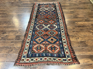 Antique Caucasian Kazak Runner Rug 4 x 9.5, Handmade Wool Rug for Hallway, Rare Colorful Panel Design Mid 19th Century 1870s Oriental Carpet
