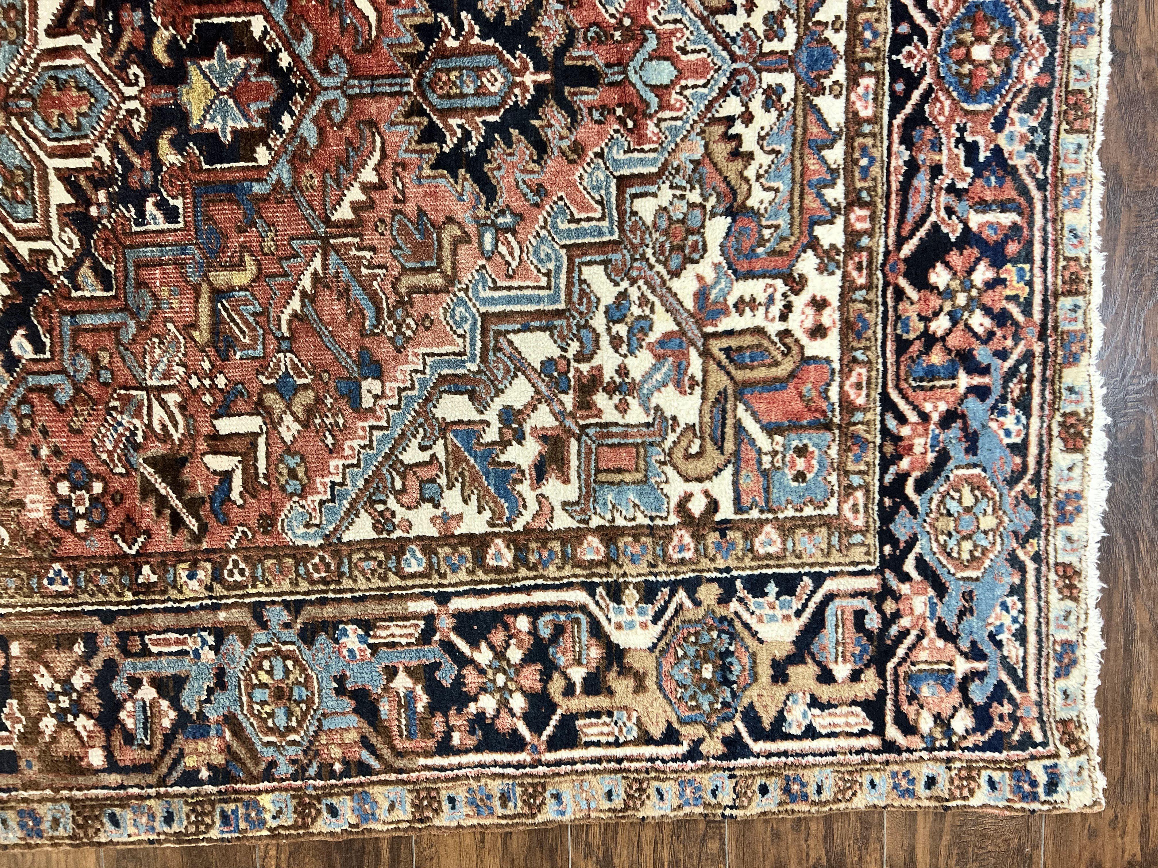 Antique Persian Heriz Rug 6x8, Geometric Medallion, 1920s Oriental Carpet, Handmade Wool Rug - Jewel Rugs