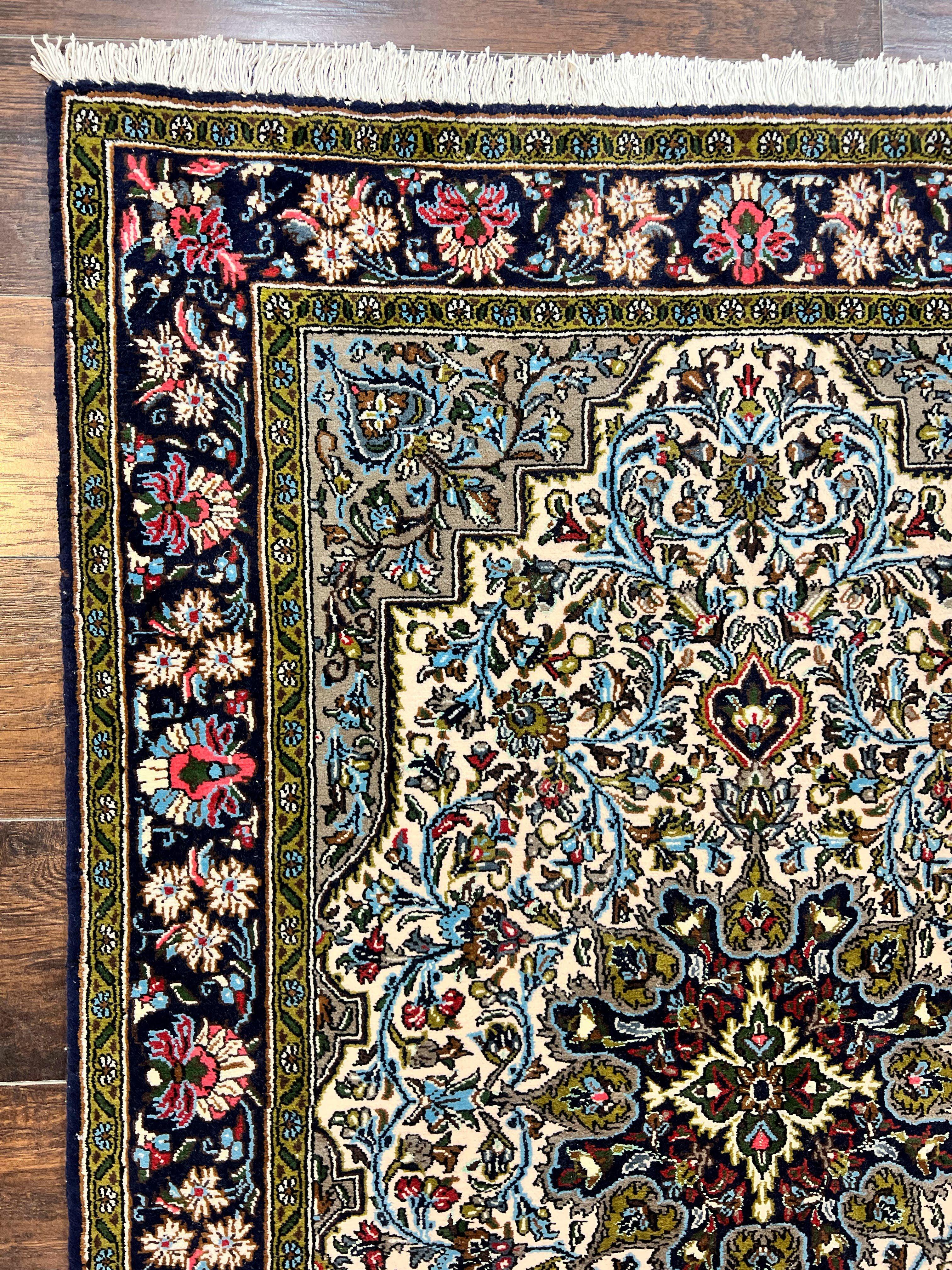 Persian Qum Rug 3x5, Wool with Silk Highlights, Handmade Semi Antique Carpet, Ivory & Navy Blue, Floral Medallion, Finely Hand Knotted - Jewel Rugs