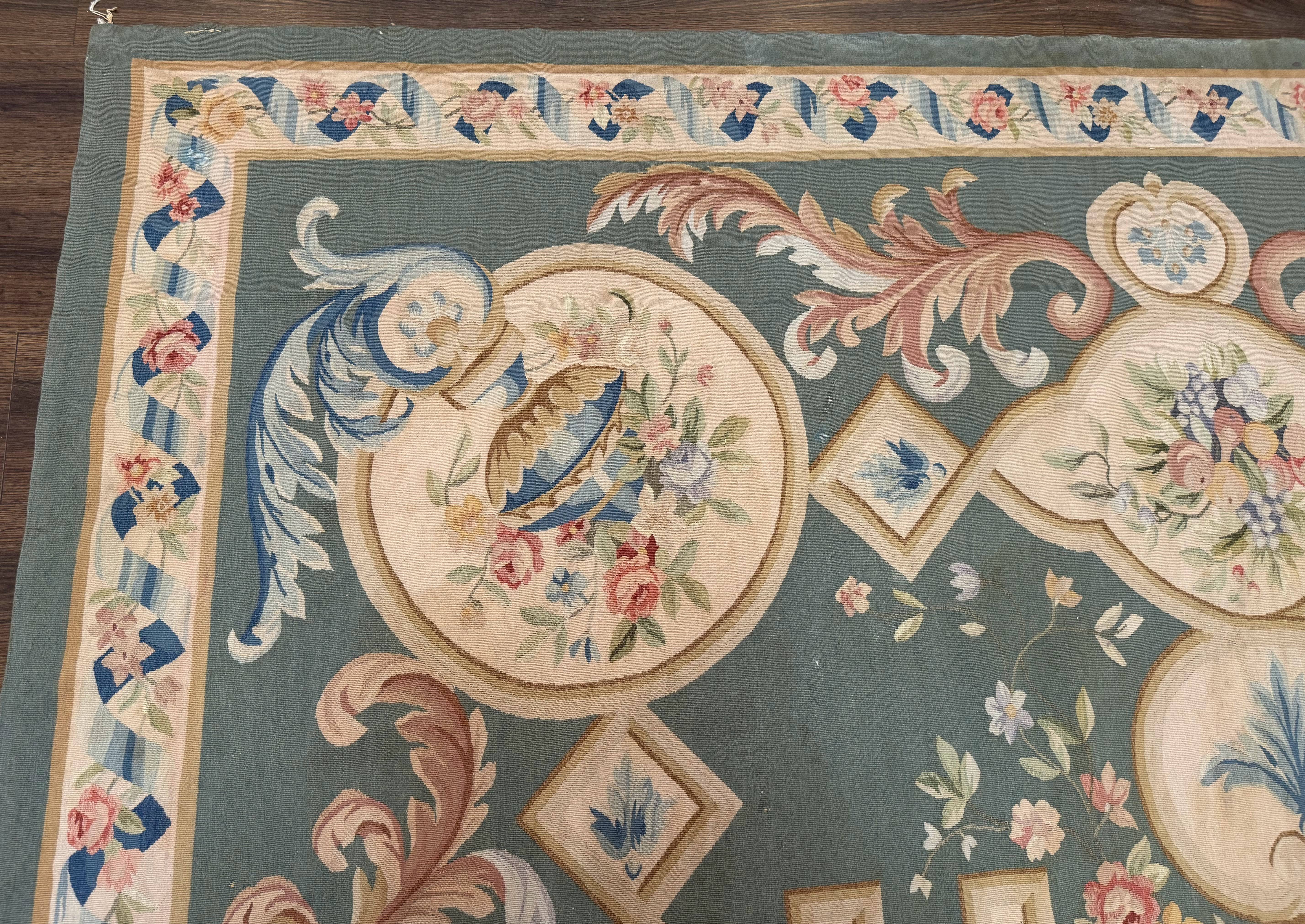 Aubusson Rug 9x12, Muted Sage Green and Cream, European Design - Jewel Rugs