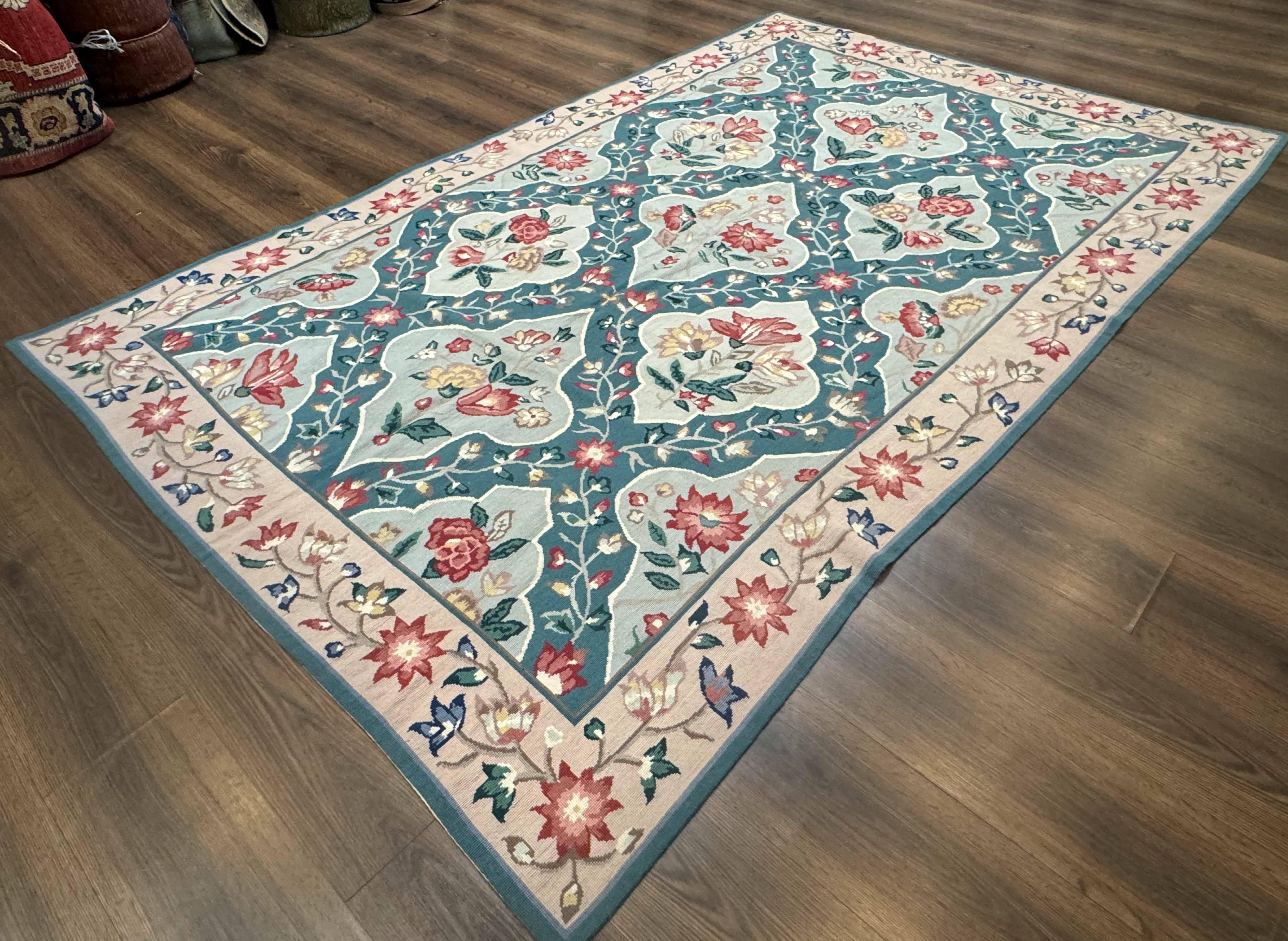 Teal Needlepoint Rug 6x9, Panel Design, Floral Bouquets, Handmade - Jewel Rugs
