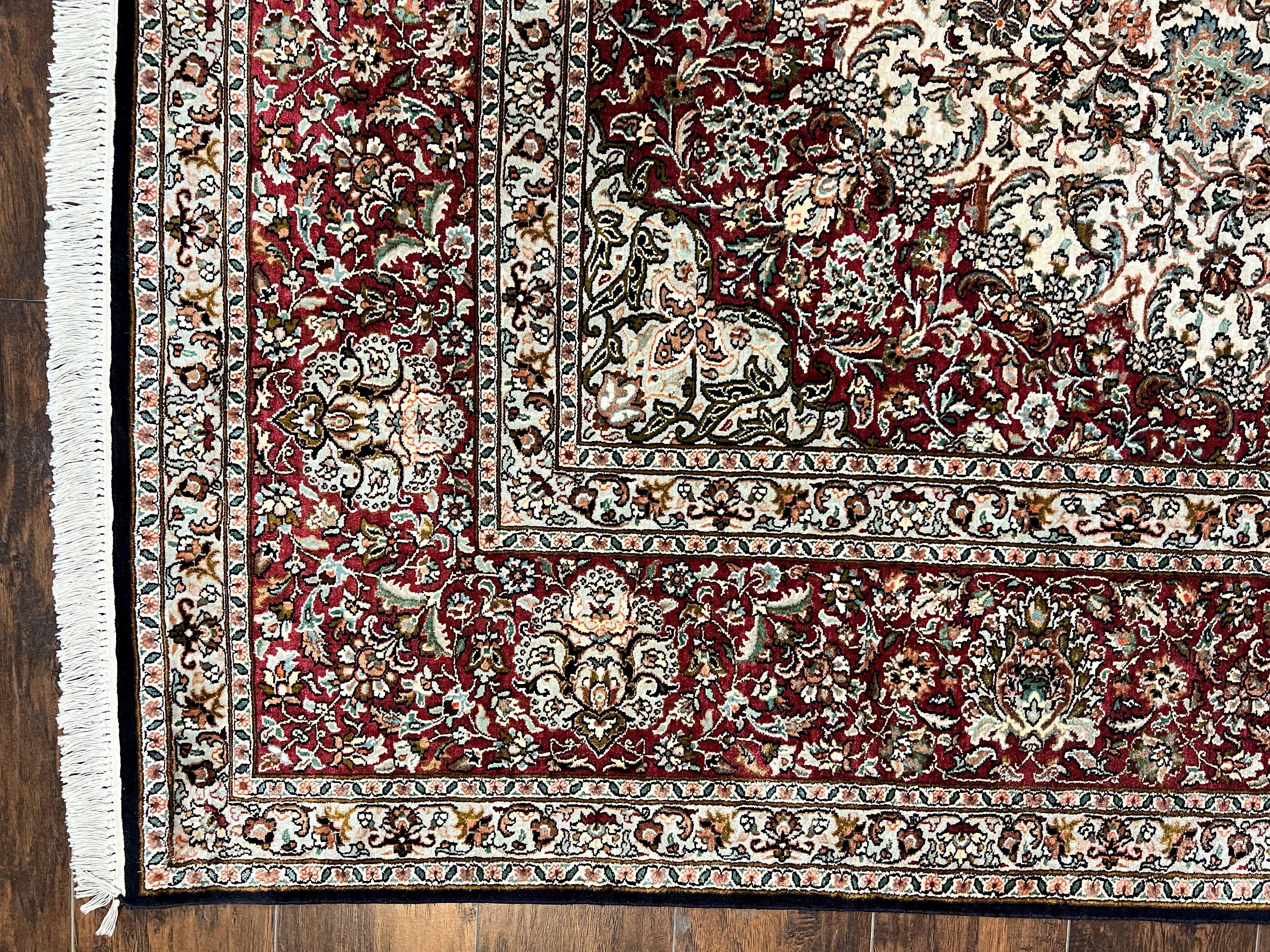 Silk Indian Kashmiri Rug 9 x 11 ft, Room Sized Silk Vintage Indo Persian Handmade Hand Knotted Fine Oriental Carpet, Ivory and Maroon - Jewel Rugs