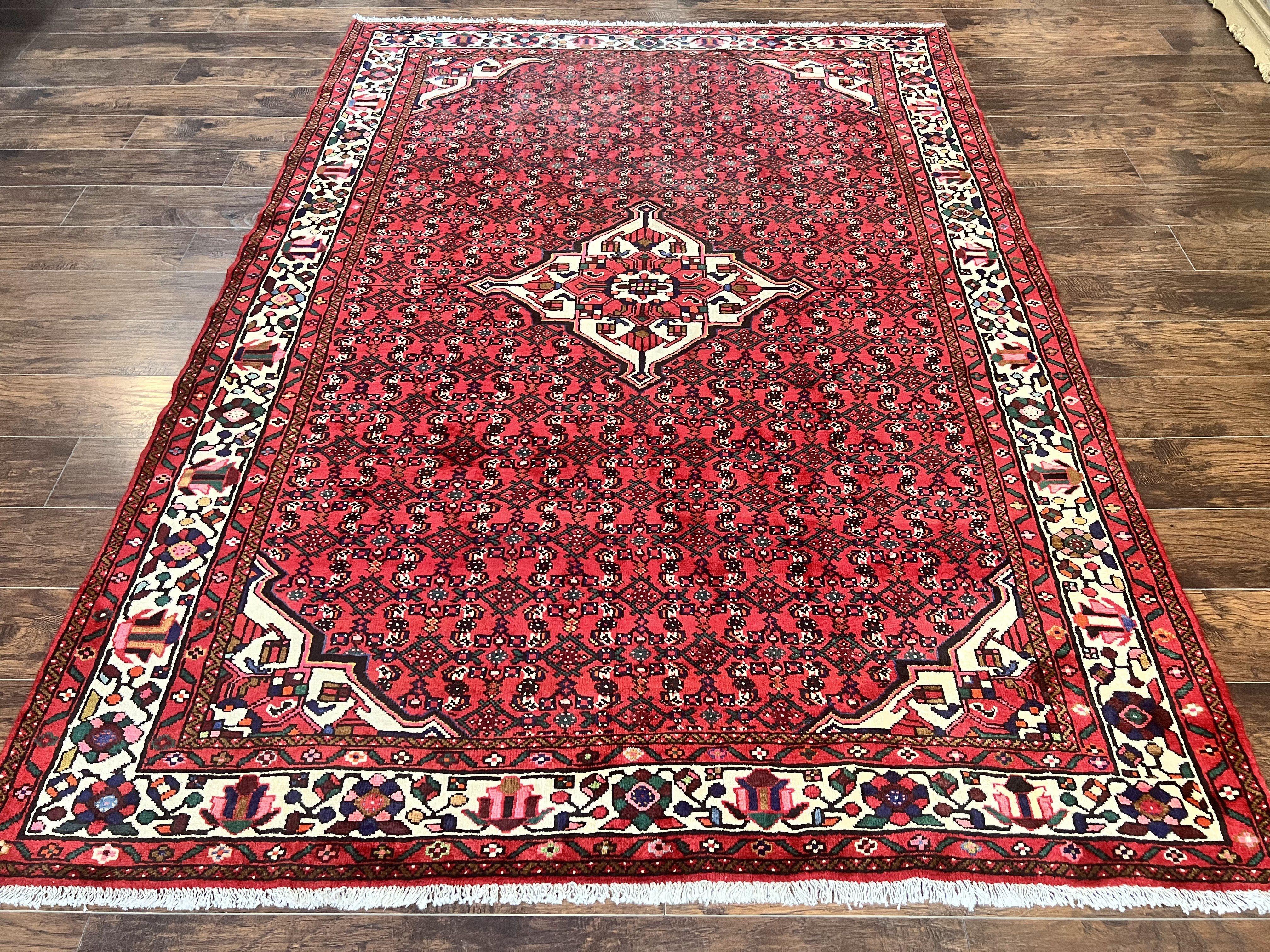 Persian Tribal Rug 7x10, Wool Handmade Semi Antique Vintage Hamadan Dargazine Carpet, Red & Ivory Allover Floral Medallion Rug, 7 x 10 Room Sized Oriental Rug - Jewel Rugs