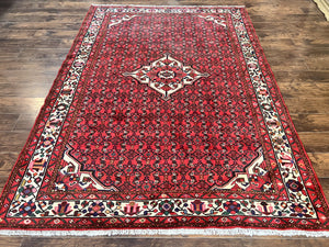 Persian Tribal Rug 7x10, Wool Handmade Semi Antique Vintage Hamadan Dargazine Carpet, Red & Ivory Allover Floral Medallion Rug, 7 x 10 Room Sized Oriental Rug