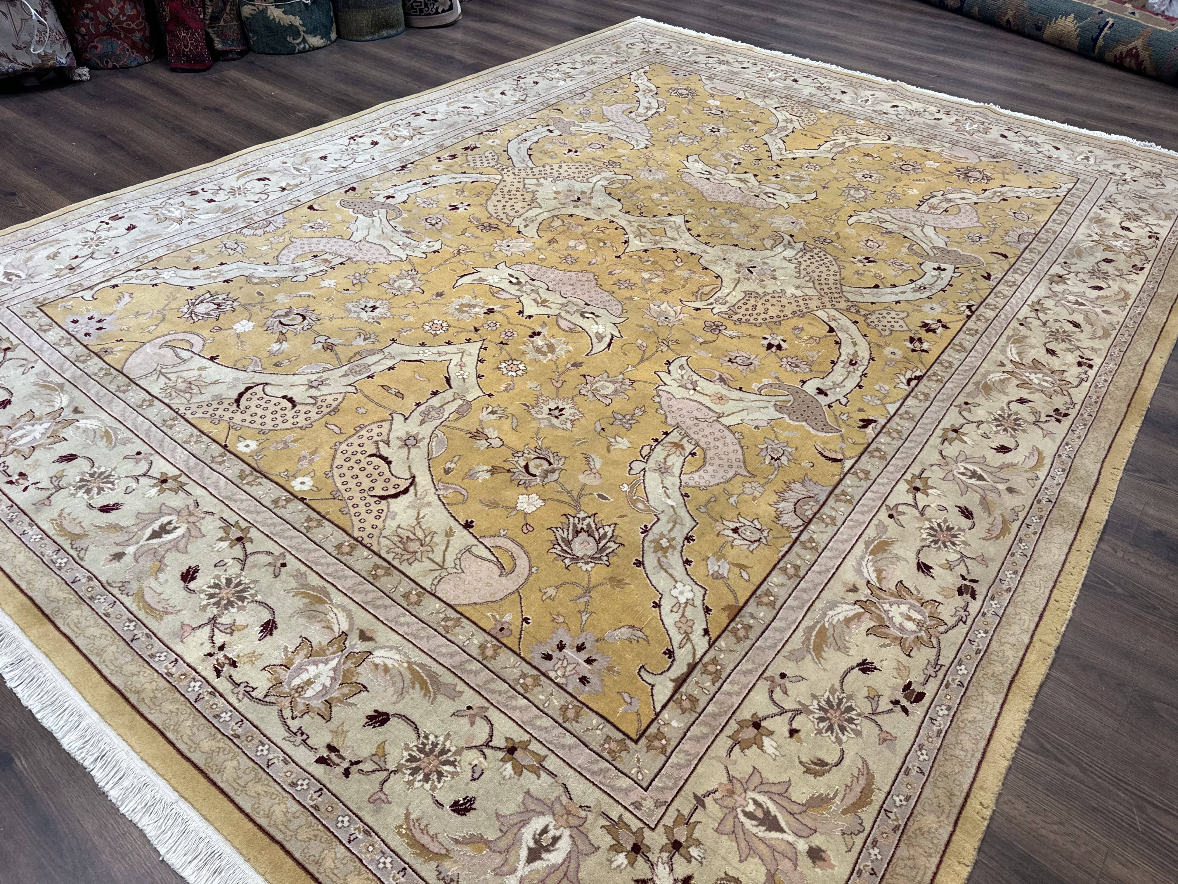 Sino Persian Rug 8x11, Wool with Silk Highlights, Unique Colors, Gold and Light Green, Fine 240 KPSI - Jewel Rugs
