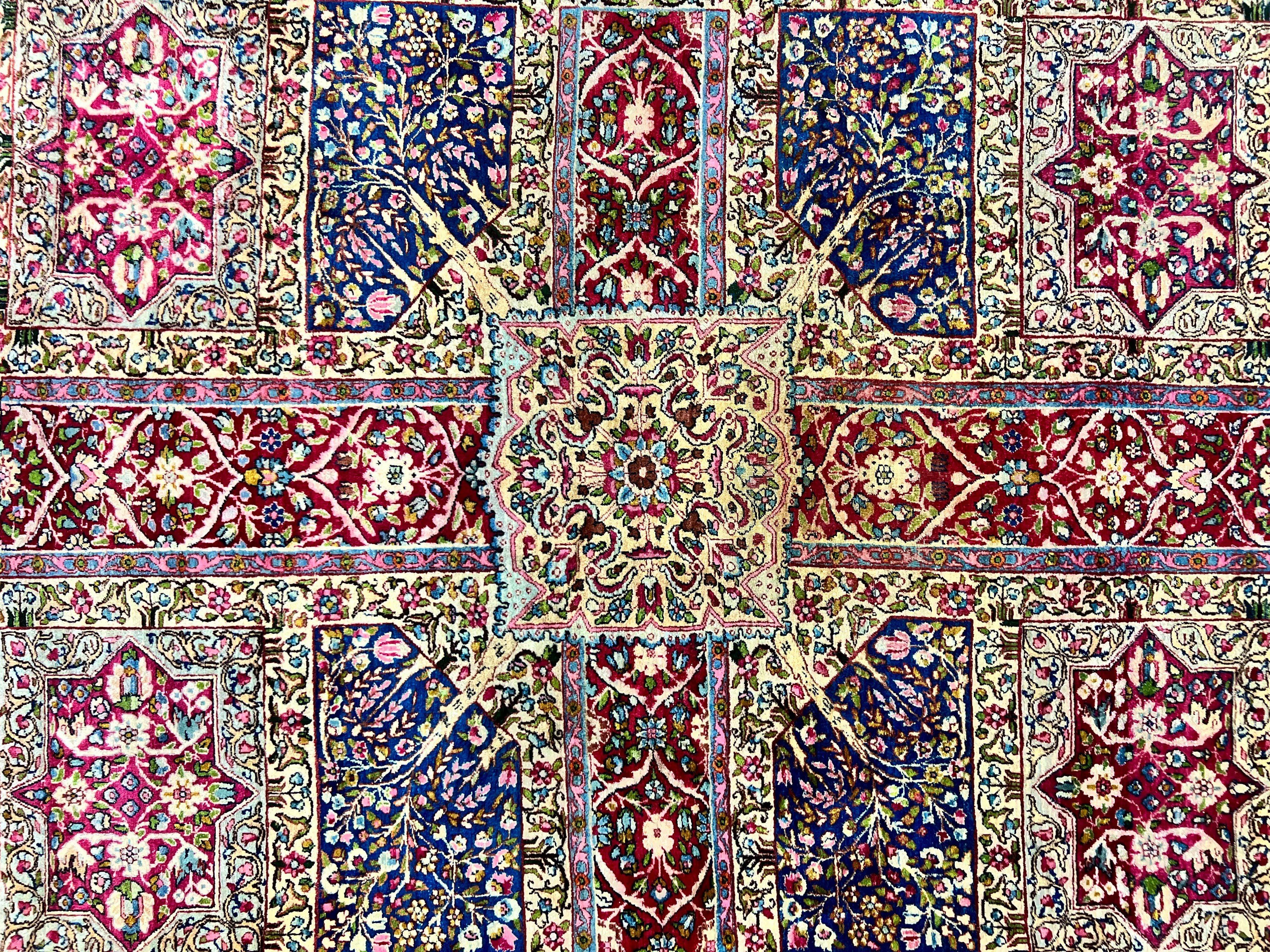 Persian Kirman Lavar Rug 8x9, Antique Persian Carpet, Colorful Multicolor 1920s Handmade Wool Rug, Garden Panel Design, Fine 200 KPSI - Jewel Rugs