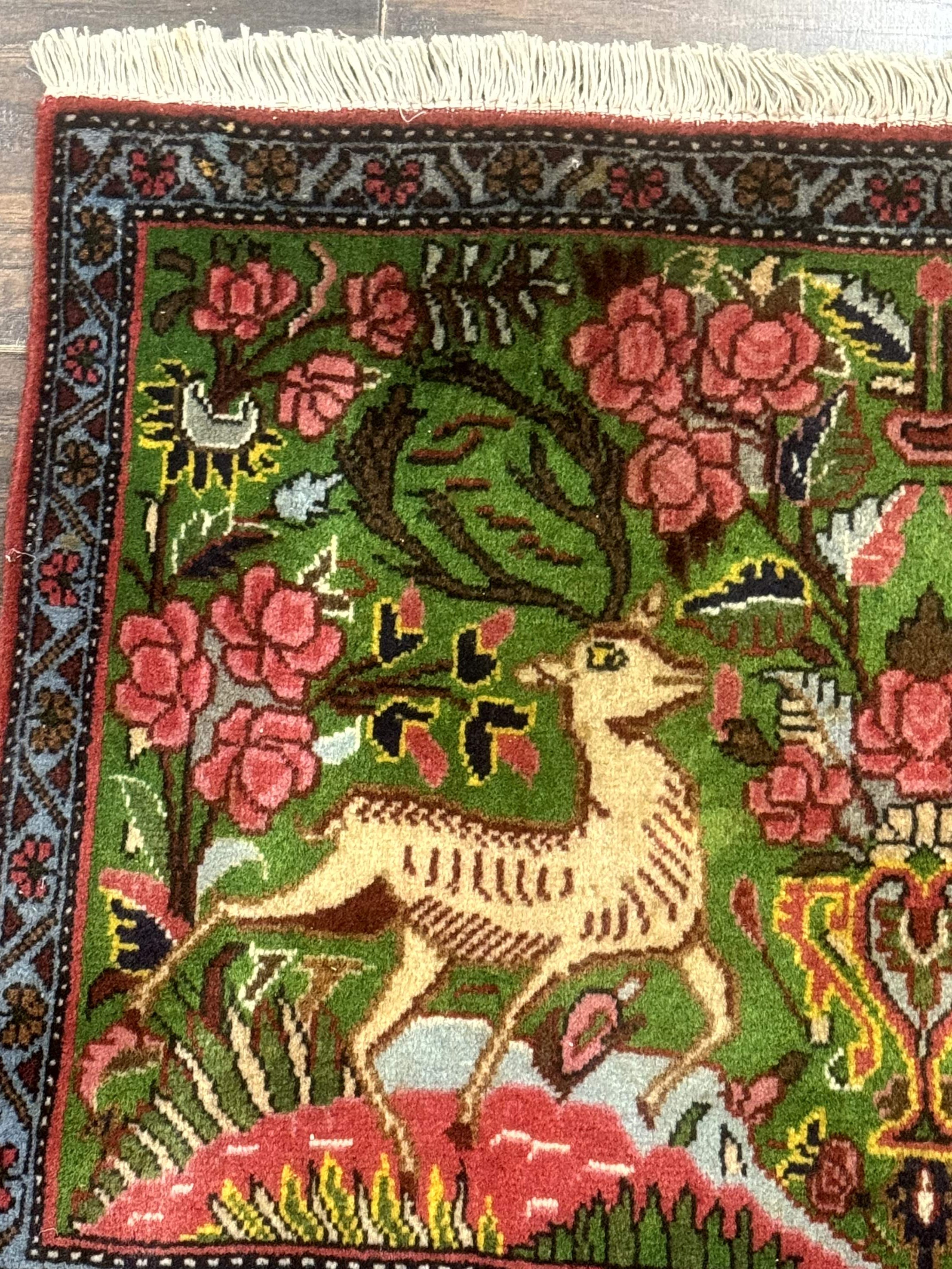 Small Persian Sarouk Rug, Deer Pictorials, Green, Hand Knotted, Fine - Jewel Rugs
