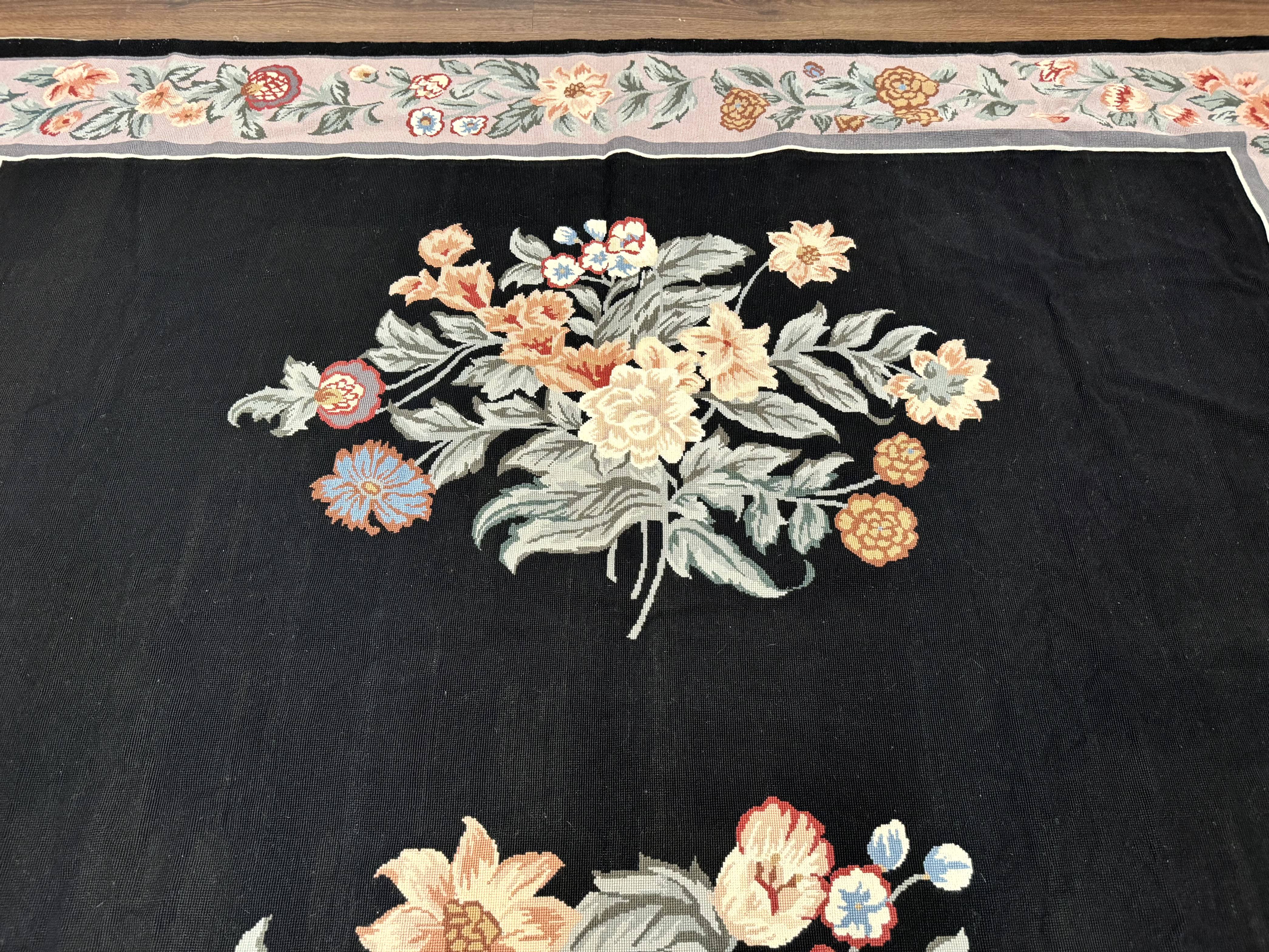 Black Needlepoint Rug 8x11 with Multicolor Flowers, Vintage Carpet - Jewel Rugs