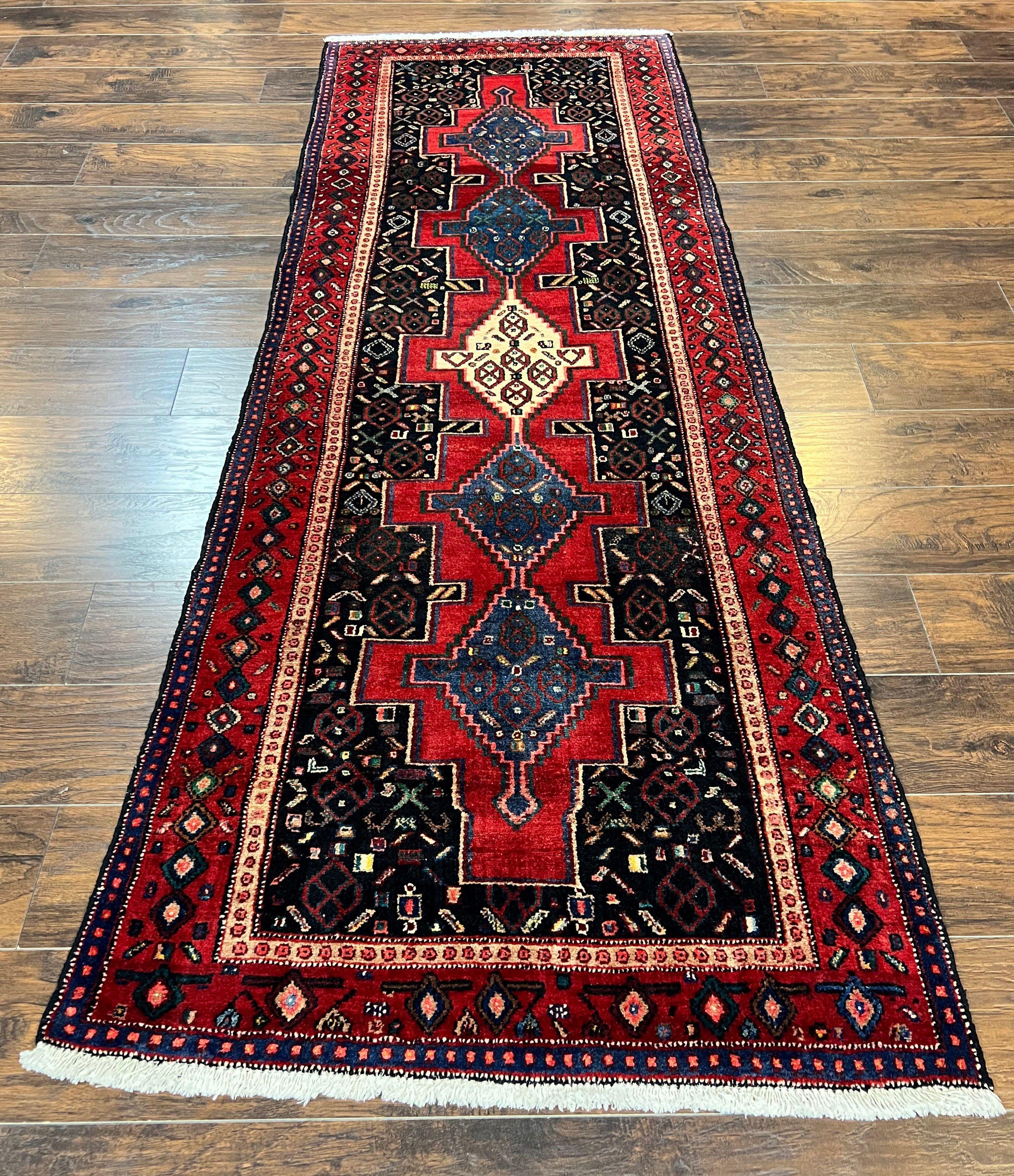 Persian Kurdish Senneh Runner Rug 3x9, Red Navy Blue, Medallions Wool Tribal Runner for Kitchen/Hallway 9ft Antique Handmade Oriental Runner - Jewel Rugs