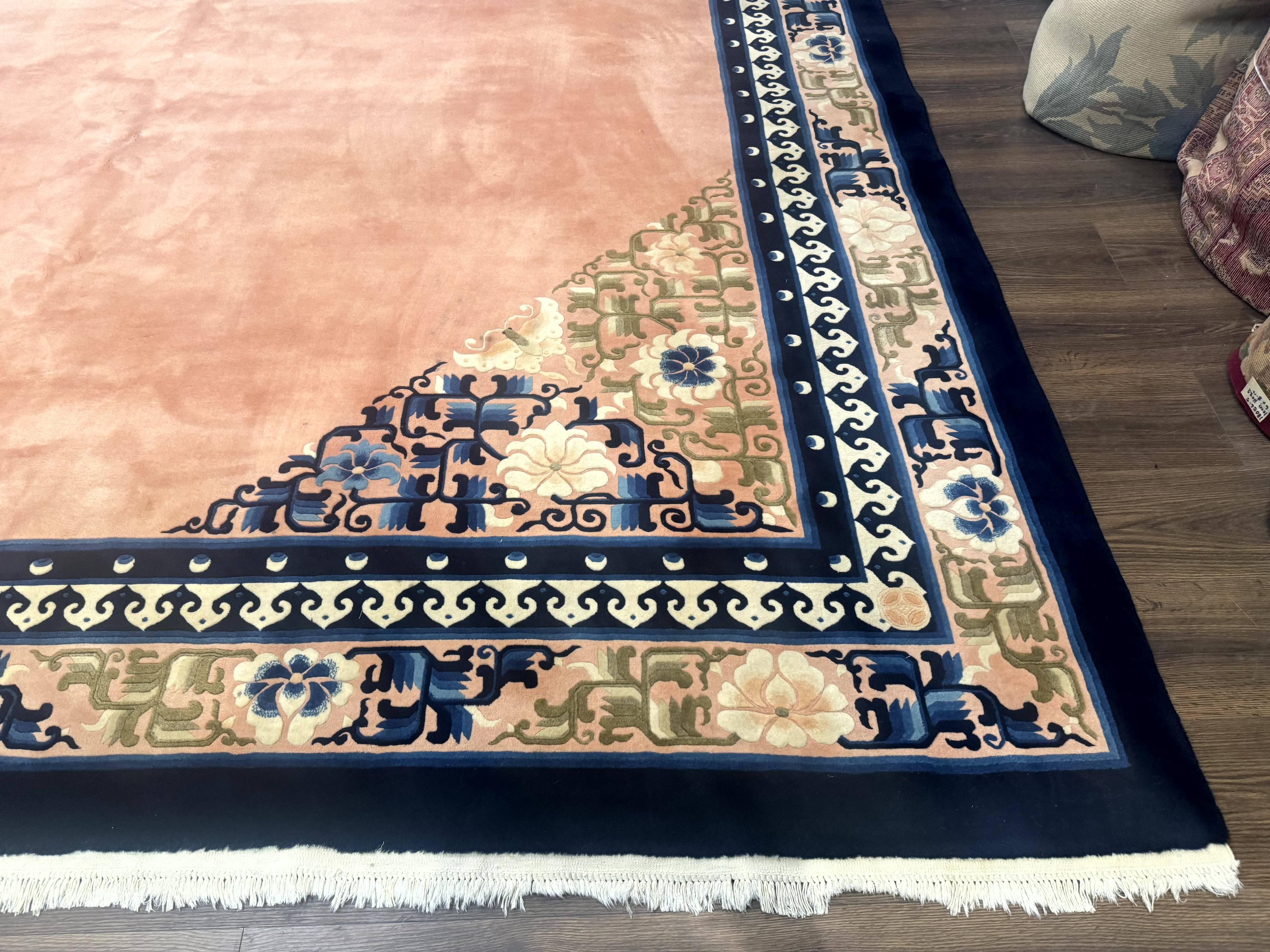 Chinese Wool Rug 11x18, Palace Sized Chinese Carpet, Peking Rug, Peach and Blue, Open Field, Simple Design, Art Deco Rug, Large Handmade Rug - Jewel Rugs
