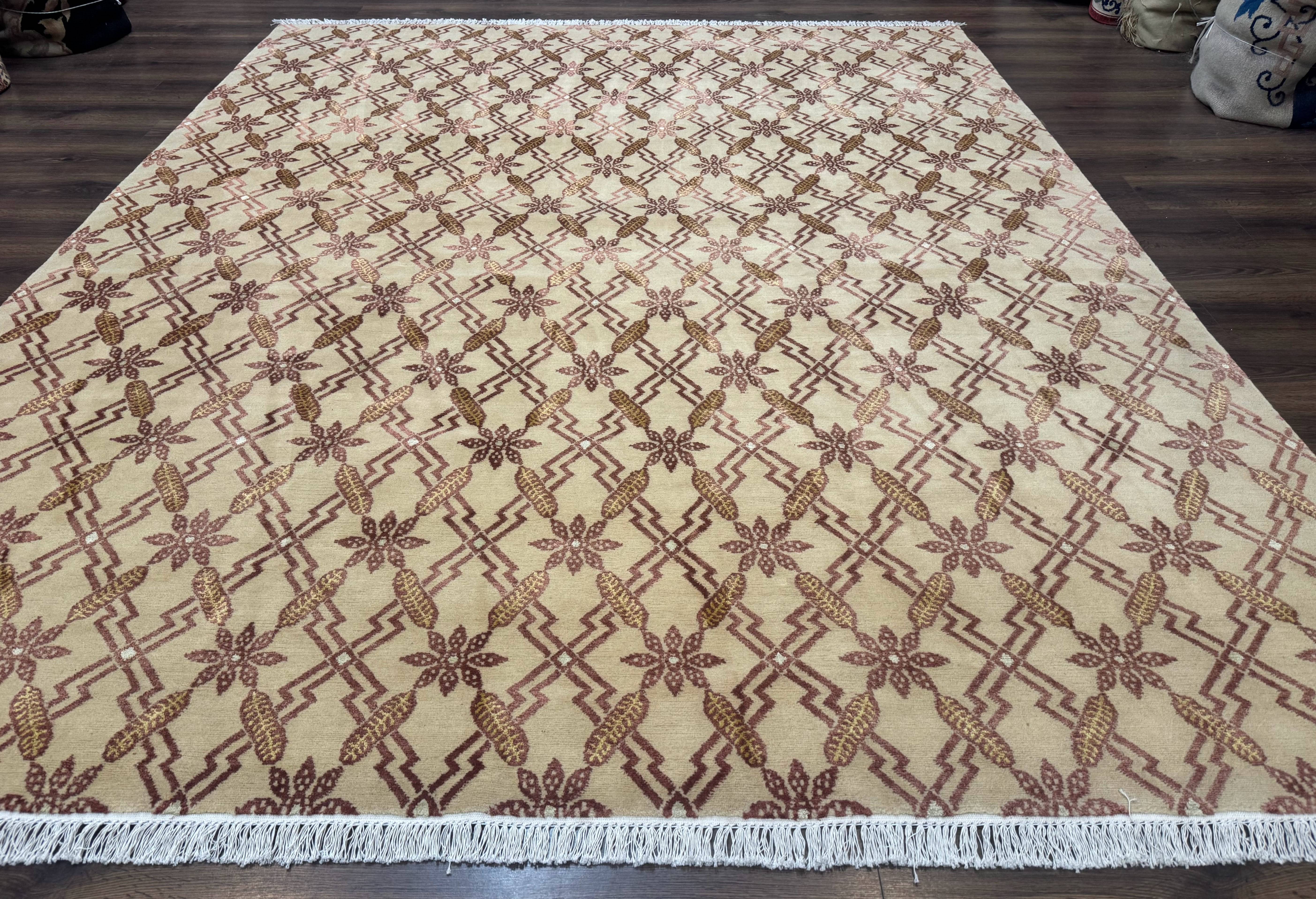 Tibetan Rug 8x10, Wool with Silk Highlights, Beige and Maroon, Contemporary Carpet - Jewel Rugs