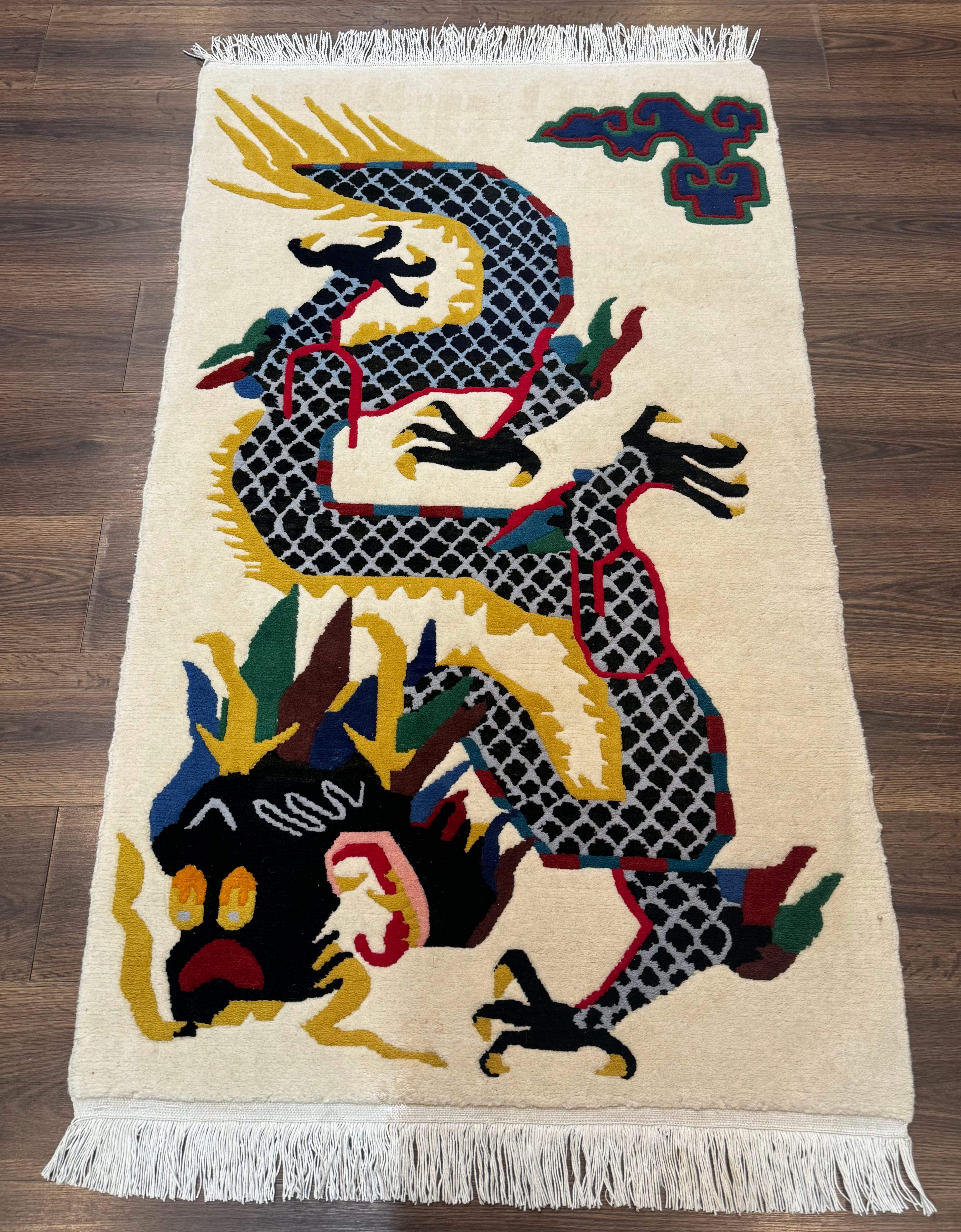 Chinese Dragon Rug 3x5 – Ivory, Hand-Knotted Wool, Vintage Carpet - Jewel Rugs