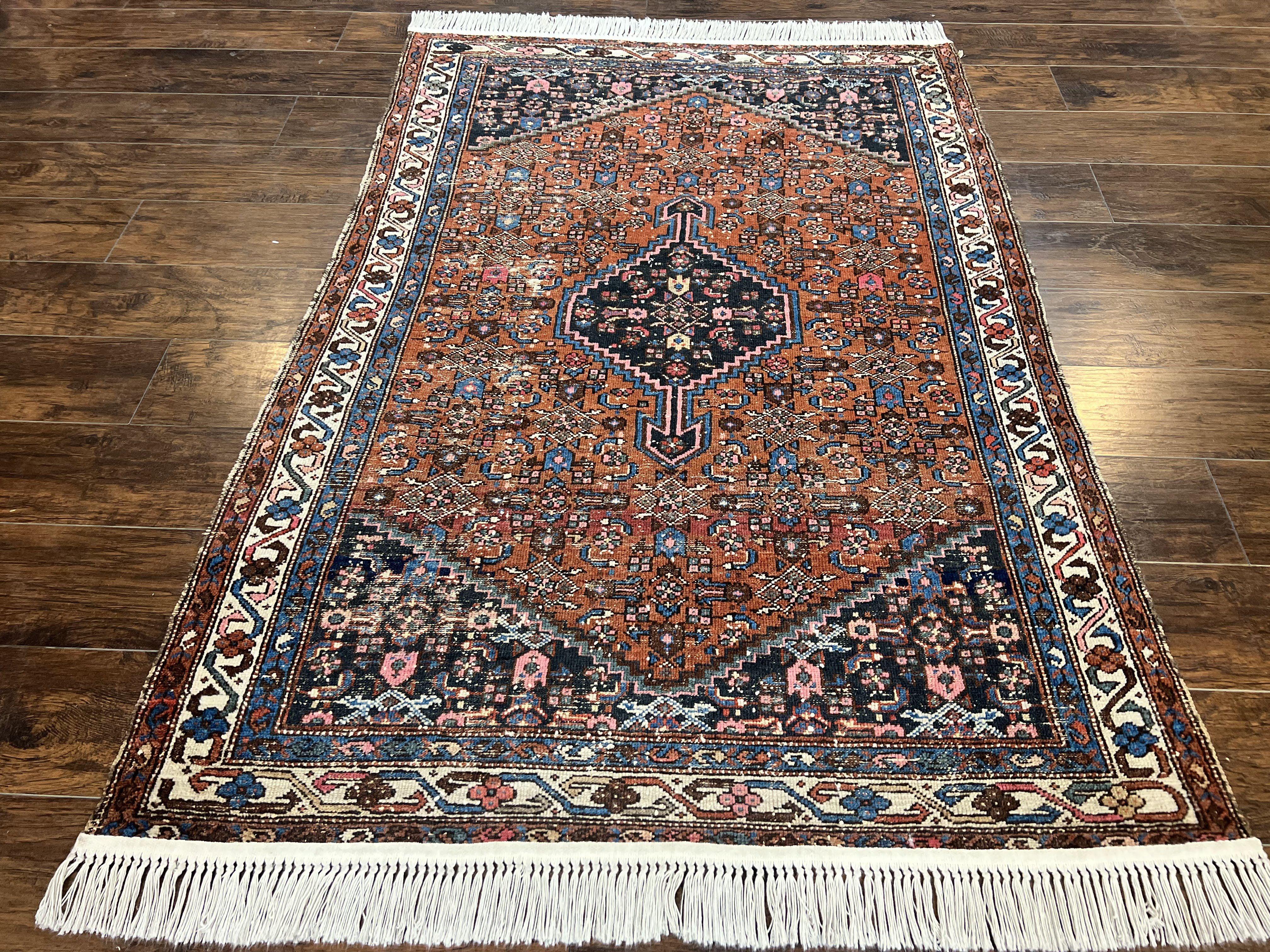 Red Persian Hamadan Rug 4x6, Wool Handmade Antique Carpet, Geometric Medallion Rug, Oriental Rug 4 x 6, Persian Tribal Rug, Hand Knotted Rug - Jewel Rugs