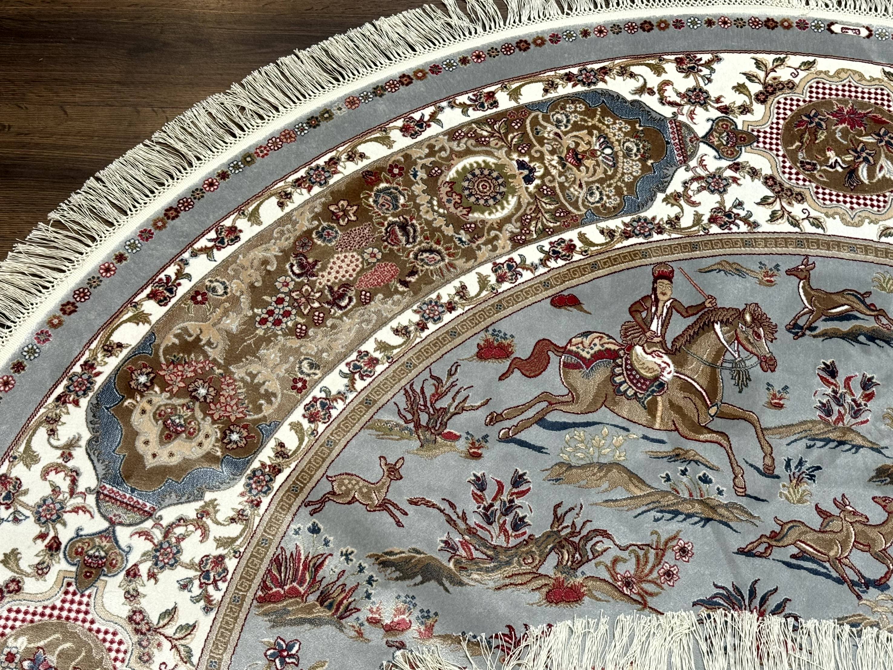 Round Silk Rug 6x6, Hunting Design, Bamboo Silk, Animal Pictorials - Jewel Rugs