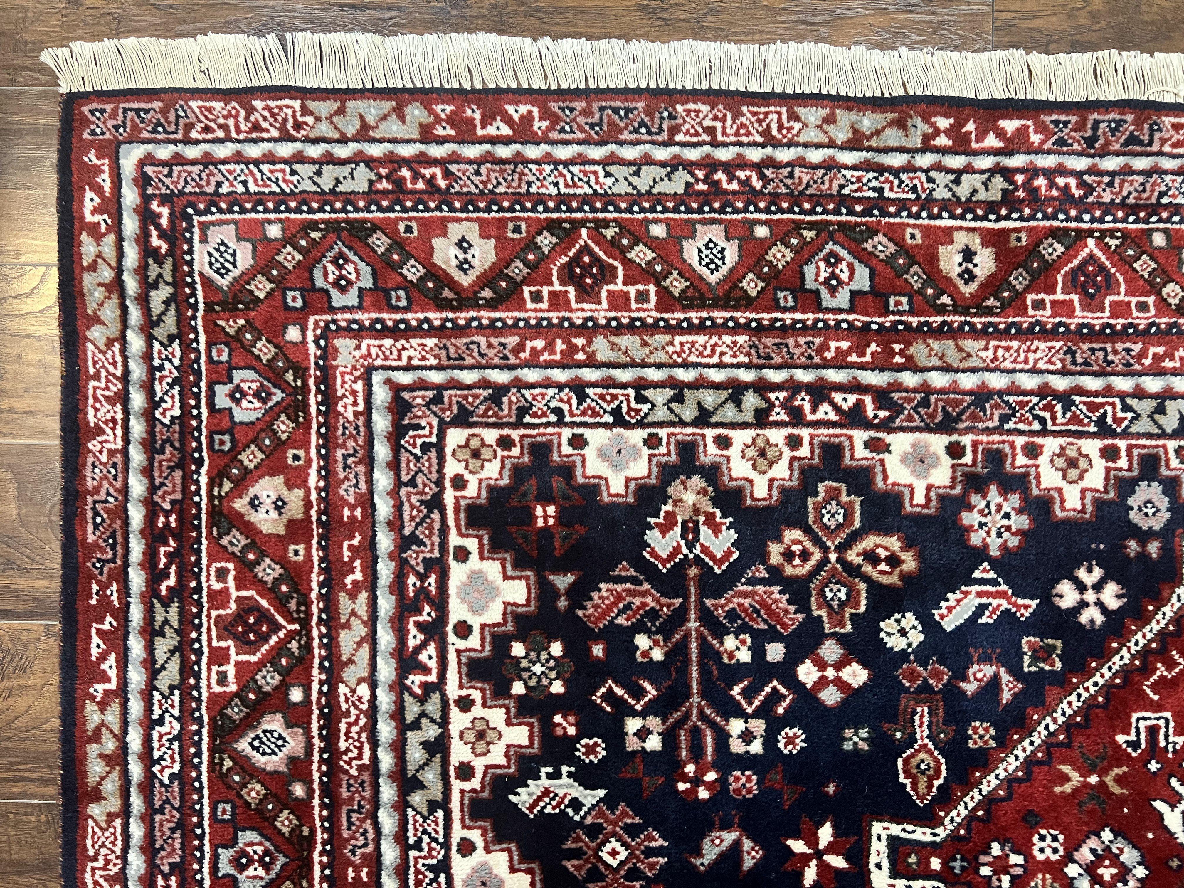 Persian Shiraz Tribal Rug 8x9, Geometric Medallions, Navy Blue and Red, Hand Knotted Handmade Semi Antique Wool Carpet - Jewel Rugs