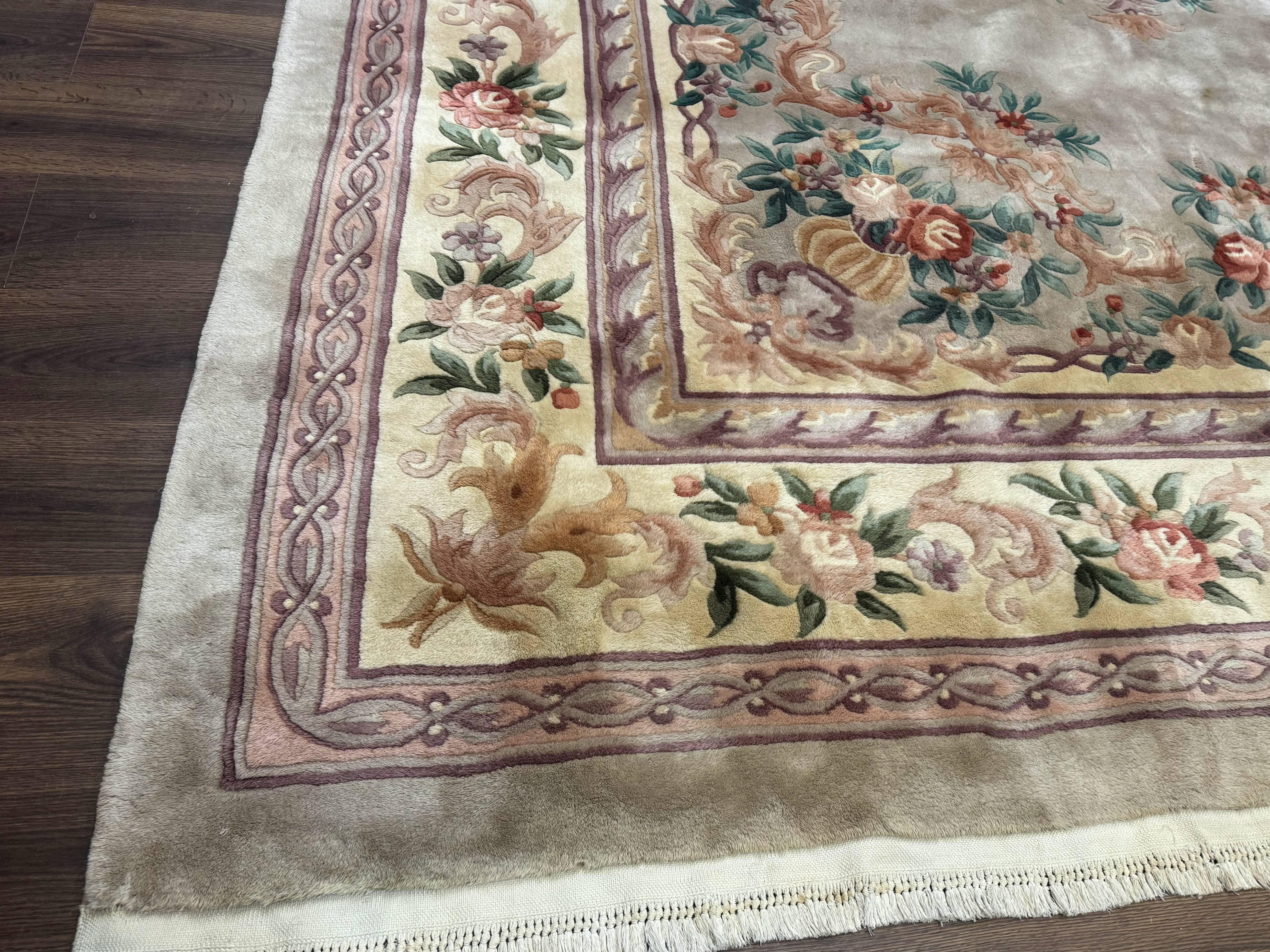 Chinese Aubusson Rug 10x14, Soft Thick Wool Pile, Gray and Beige, Floral, Vintage 1960s Chinese Wool Rug - Jewel Rugs