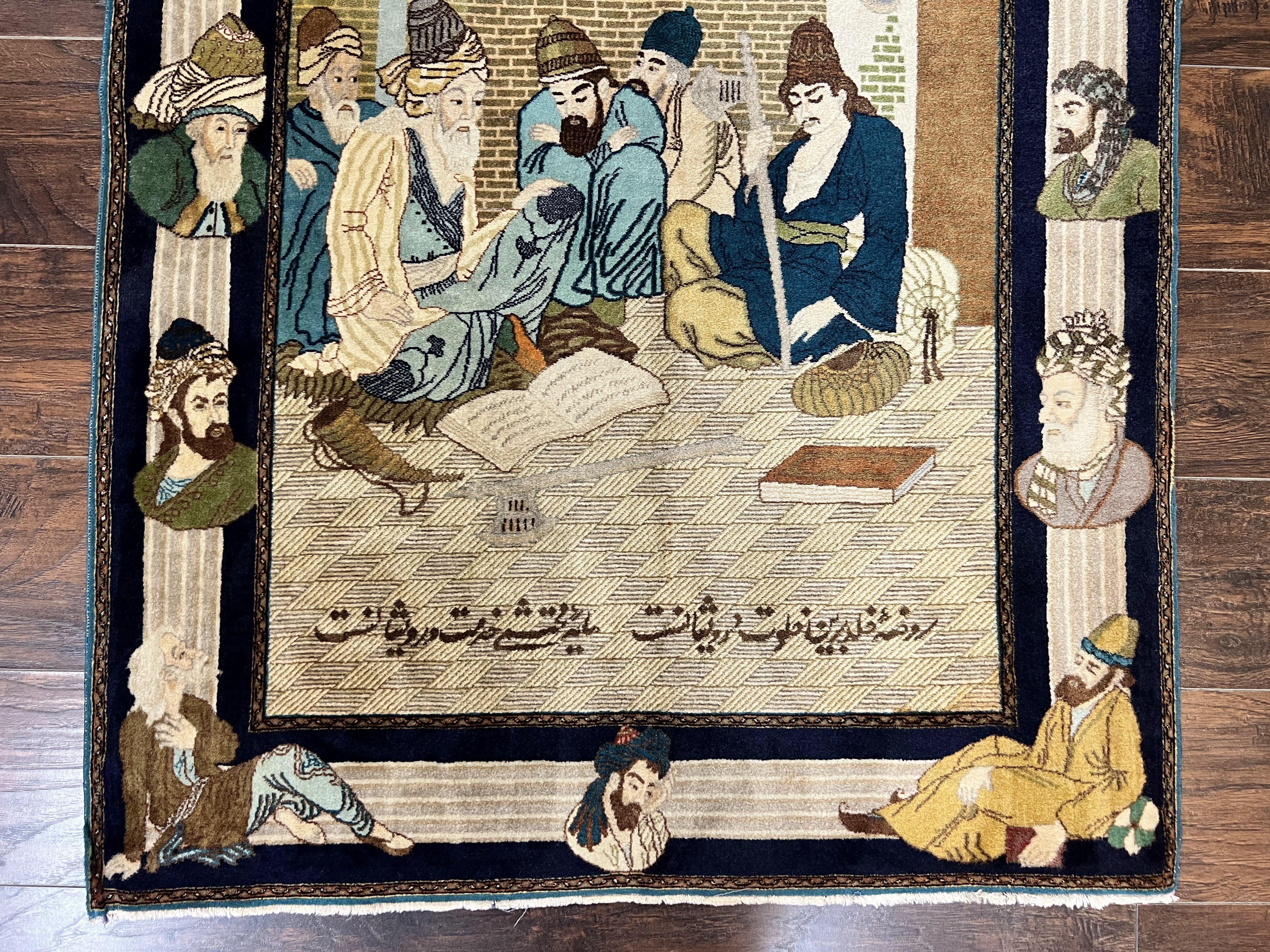 Persian Tabriz Pictorial Rug 3x5, Wall Hanging Carpet, Very Fine 60 Raj 475 KPSI, Hand Knotted Vintage Semi Antique, Wool, Persian Poetry - Jewel Rugs