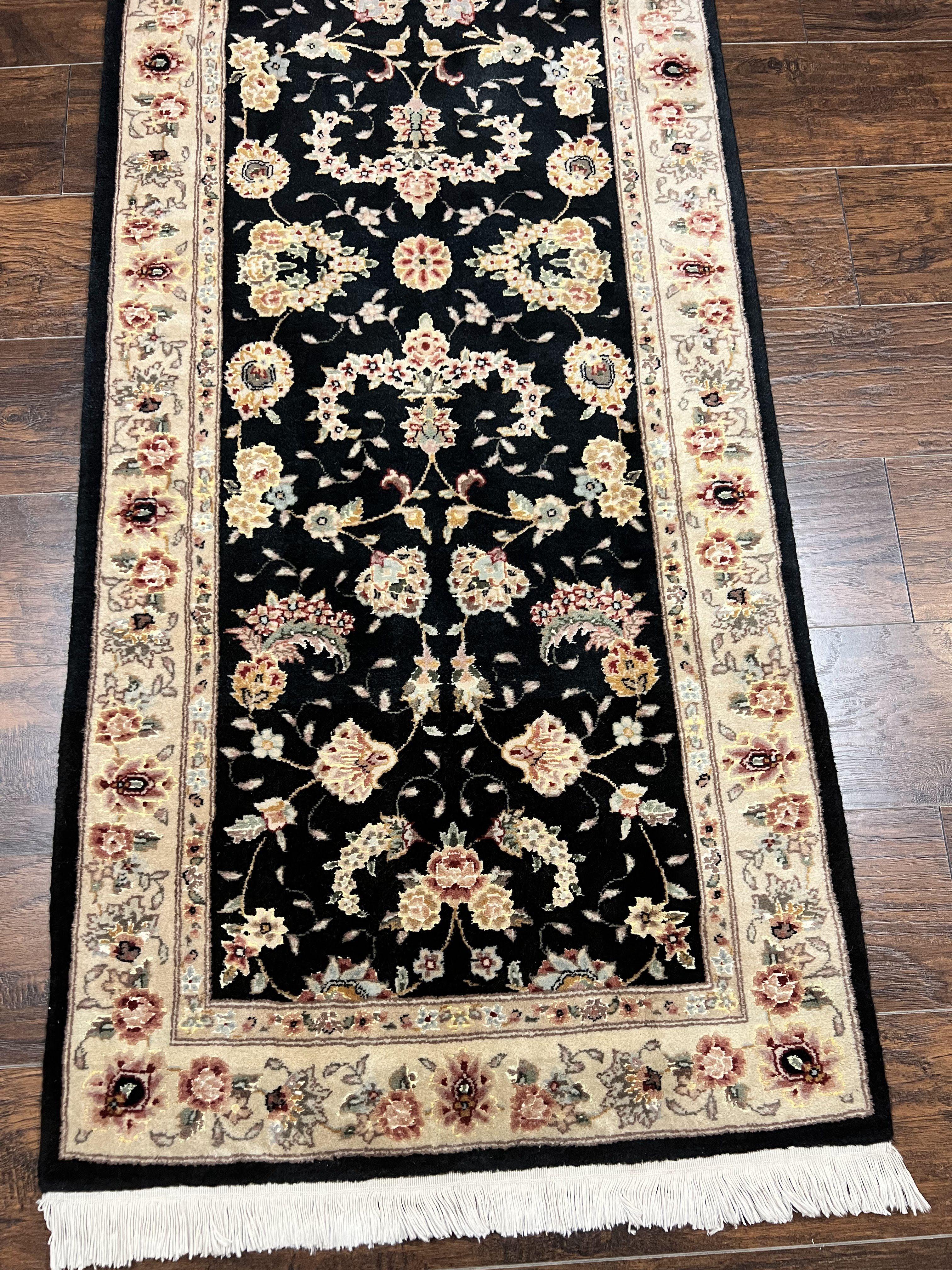 Sino Persian Short Runner Rug 2.7 x 6, Wool and Silk Highlights Black and Beige Handmade Vintage Floral Allover Oriental Carpet, Hallway Rug - Jewel Rugs