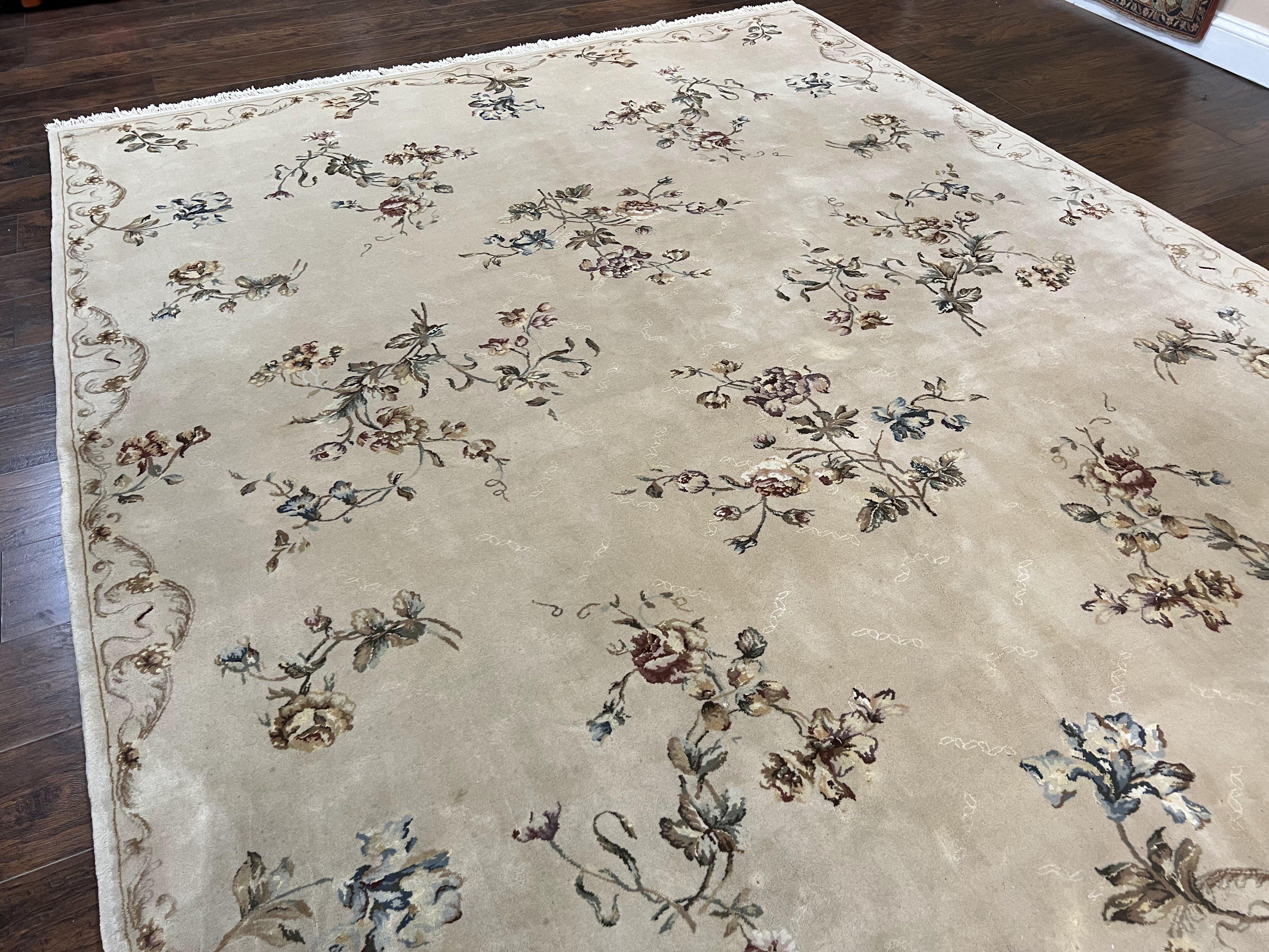 Chinese 120 Line Rug 8x10, Chinese Aubusson Wool & Silk Highlights Handmade Vintage Carpet, Beige Fine Weave Rug, Floral European Design - Jewel Rugs