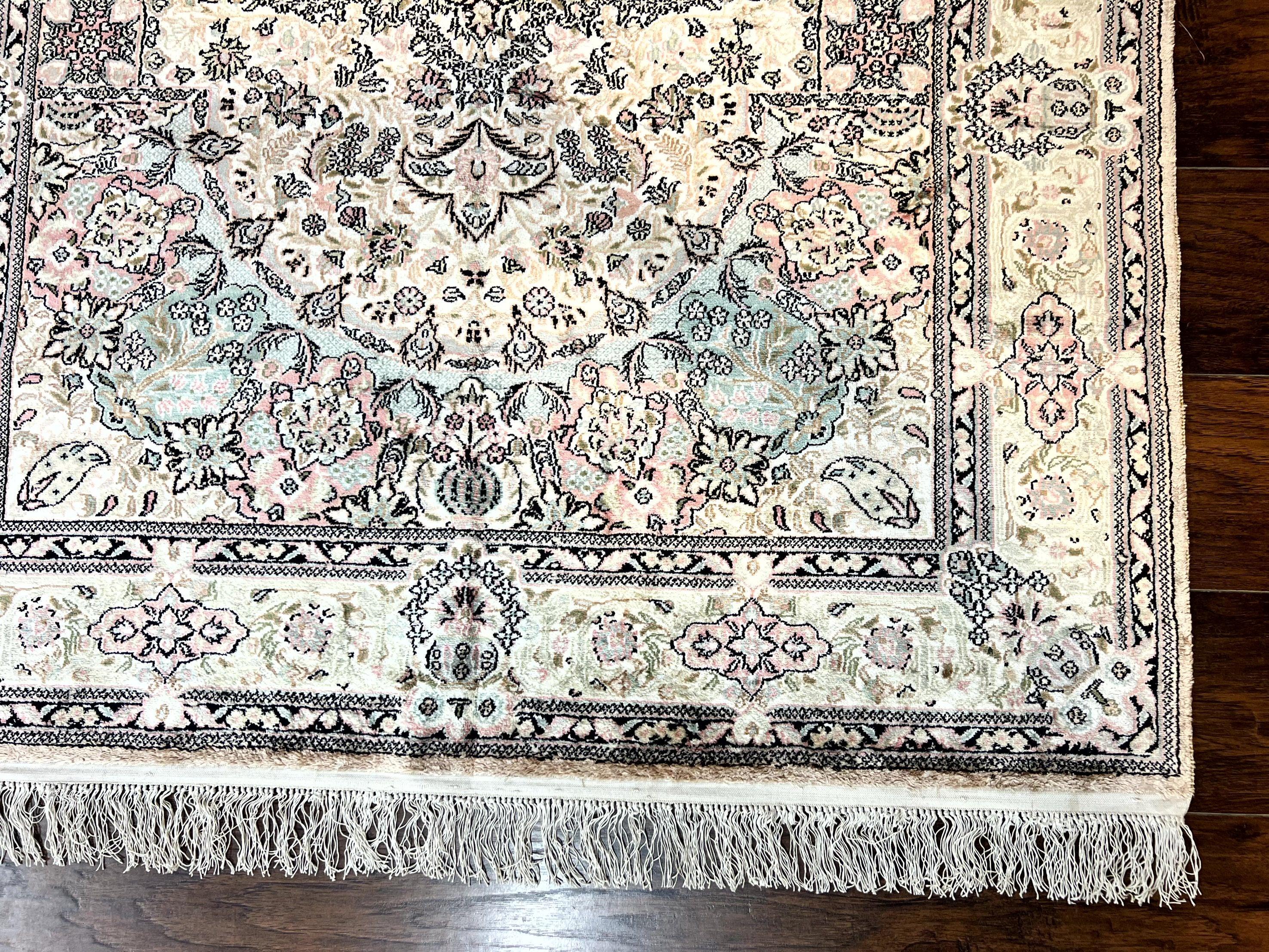 Silk Indian Kashmiri Rug 4x6, Handmade Vintage Silk Carpet, Ivory and Multicolor, Detailed Fine 240 KPSI - Jewel Rugs