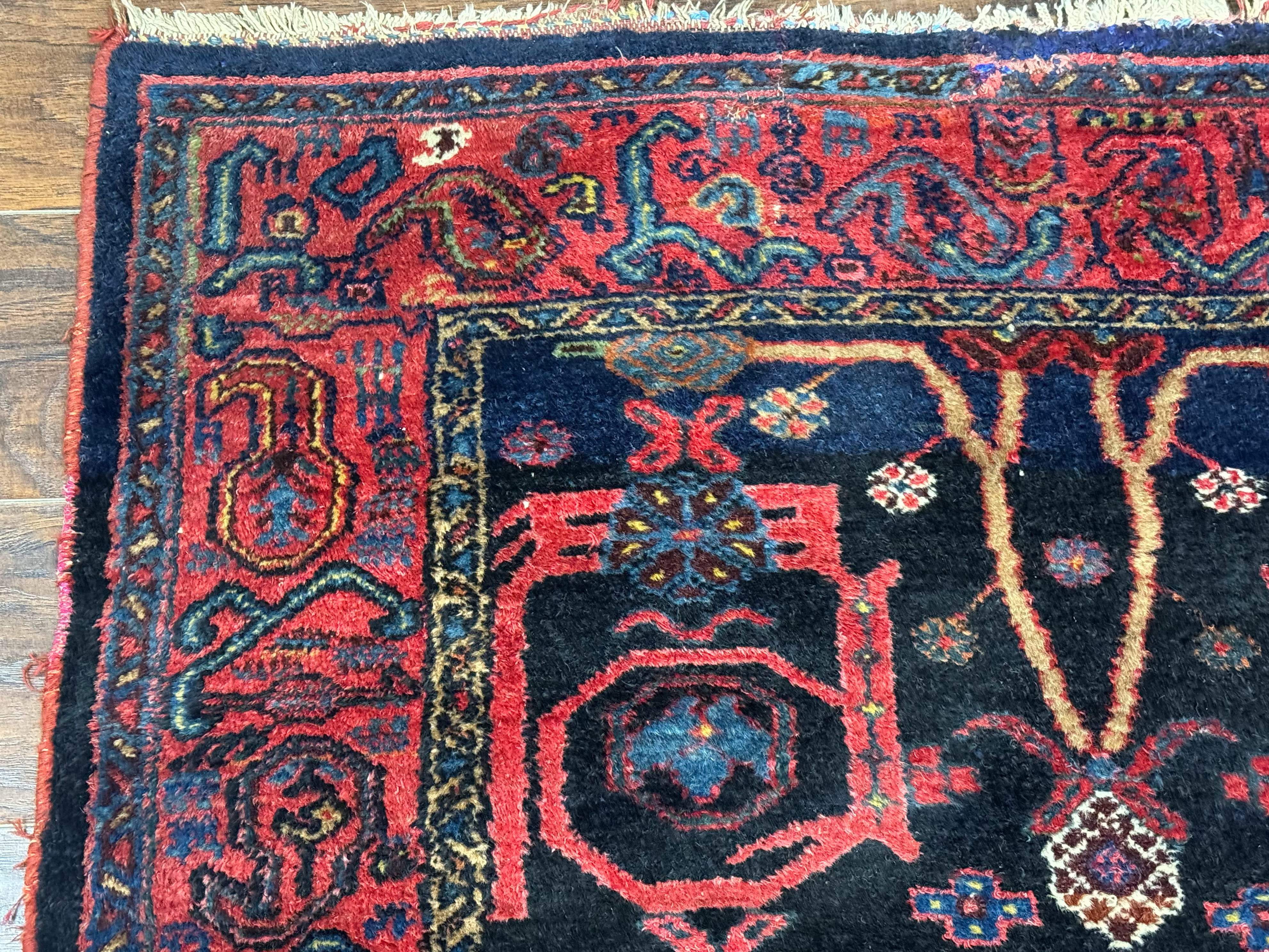 Rare Persian Malayer Runner Rug 4x16 – Navy and Red, Hand-Knotted Wool Antique Carpet, Paisley Border - Jewel Rugs